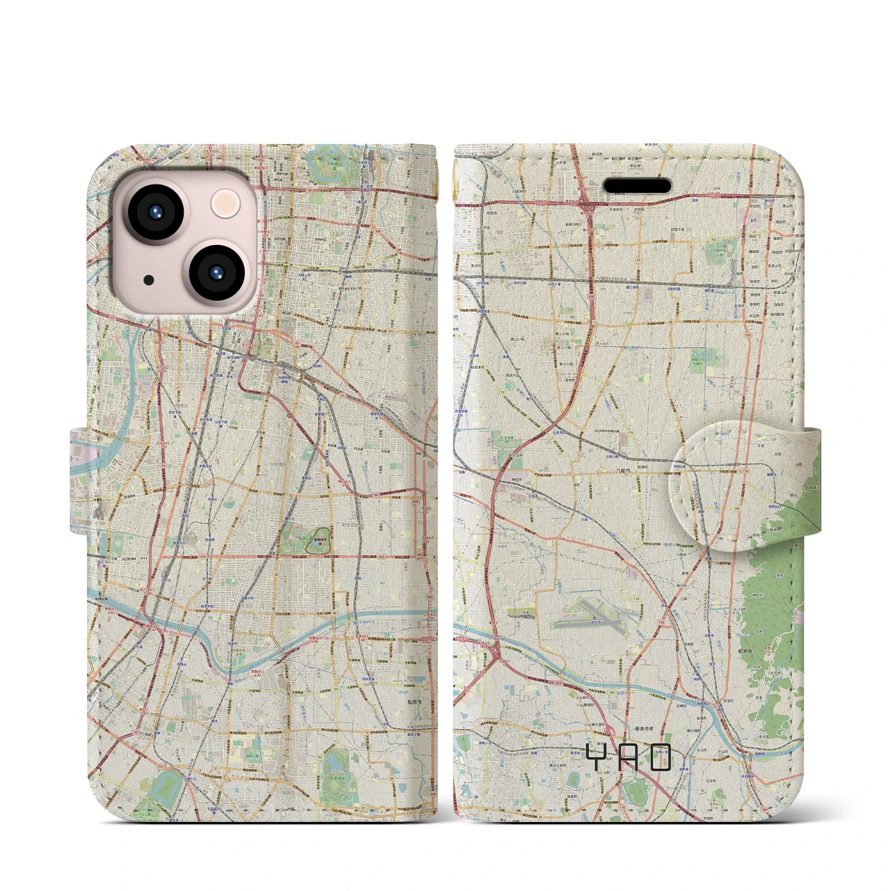【八尾(大阪府)】地図柄iPhoneケース(手帳タイプ)ナチュラル・iPhone 13 mini 用