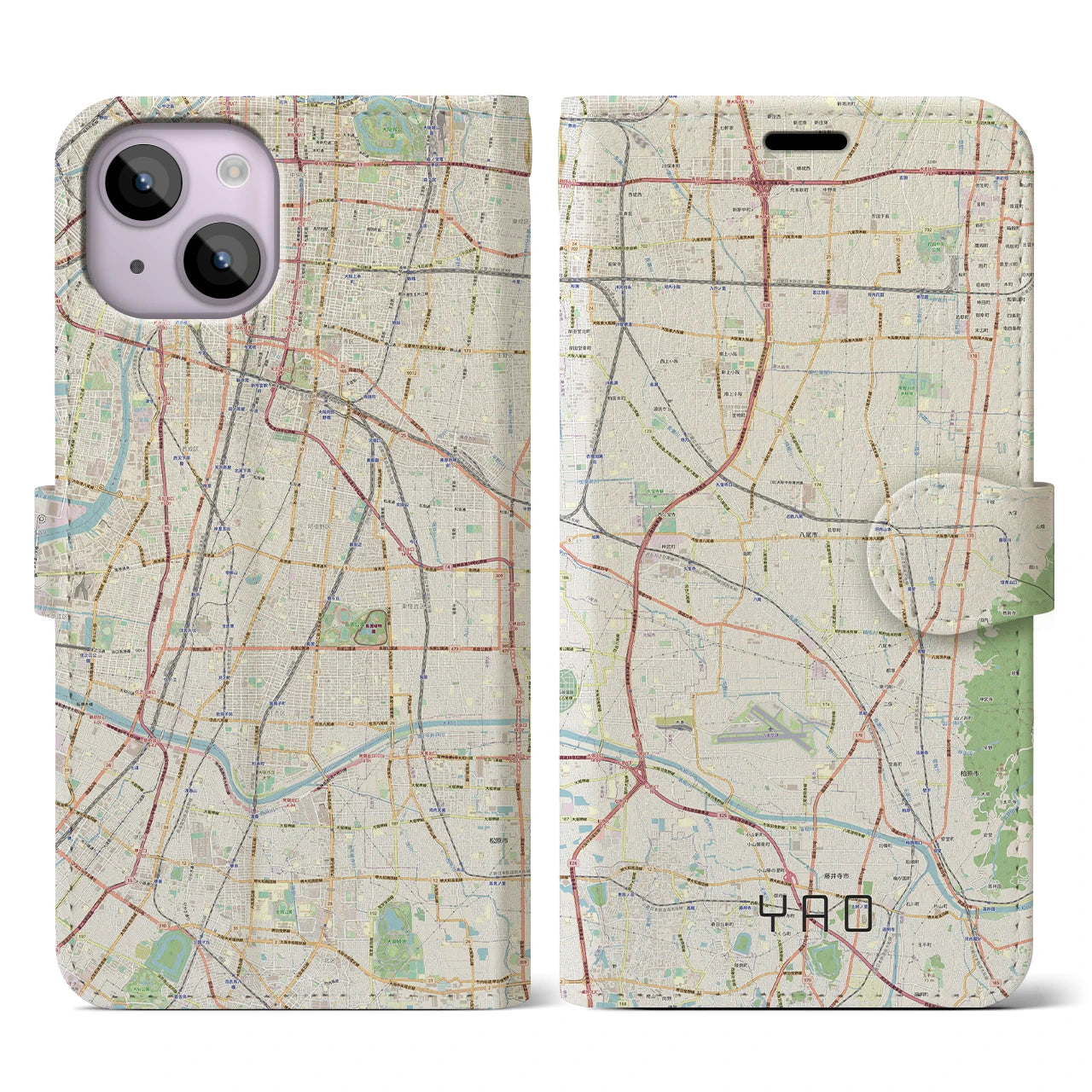 【八尾(大阪府)】地図柄iPhoneケース(手帳タイプ)ナチュラル・iPhone 14 用