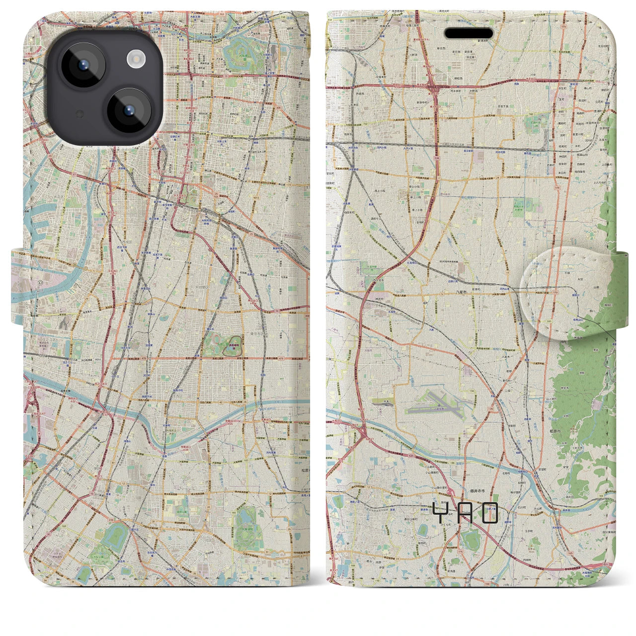 【八尾(大阪府)】地図柄iPhoneケース(手帳タイプ)ナチュラル・iPhone 14 Plus 用