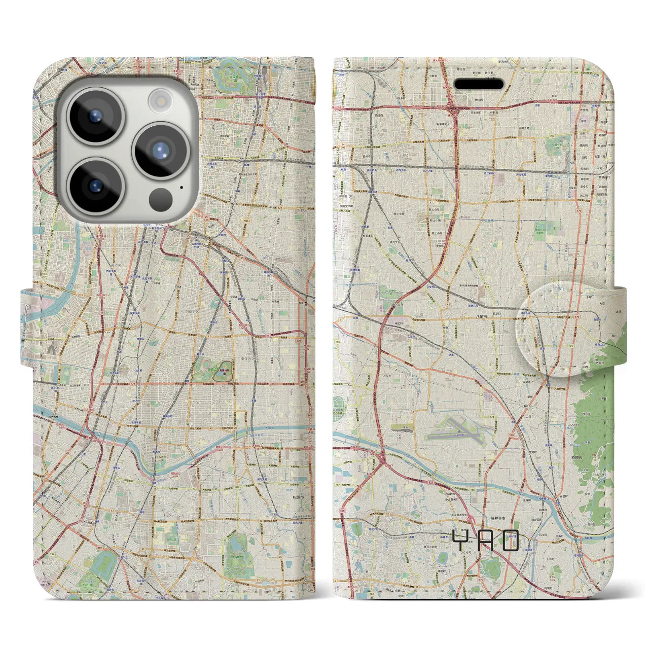 【八尾(大阪府)】地図柄iPhoneケース(手帳タイプ)ナチュラル・iPhone 15 Pro 用