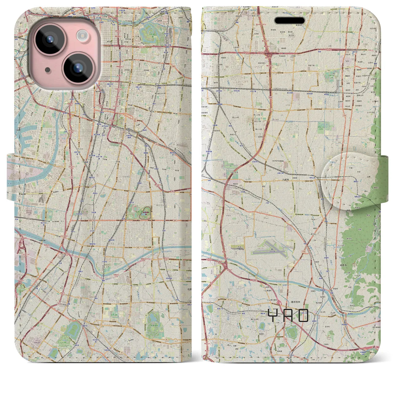【八尾(大阪府)】地図柄iPhoneケース(手帳タイプ)ナチュラル・iPhone 15 Plus 用