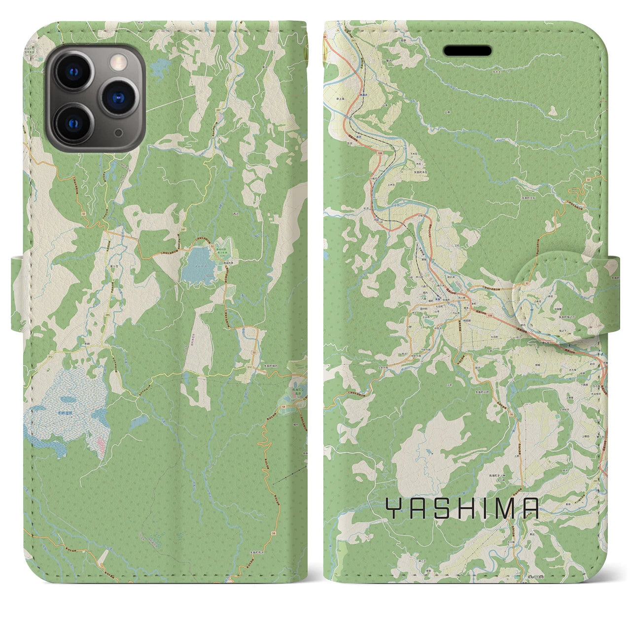 【矢島(秋田県)】地図柄iPhoneケース(手帳タイプ)ナチュラル・iPhone 11 Pro Max 用