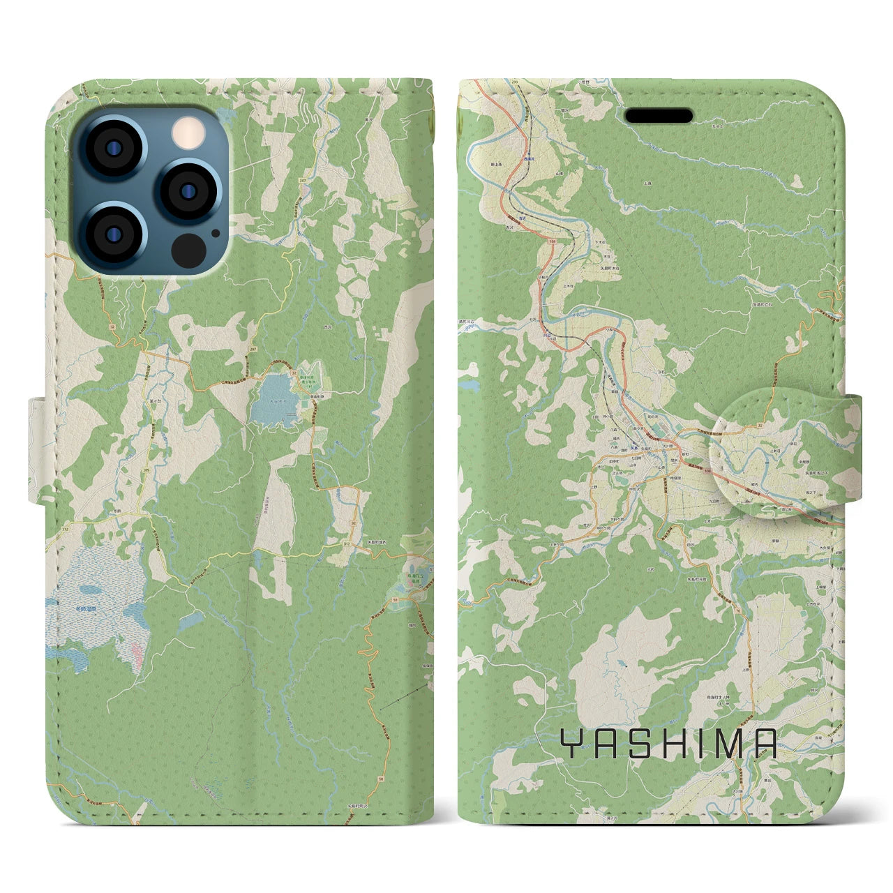 【矢島(秋田県)】地図柄iPhoneケース(手帳タイプ)ナチュラル・iPhone 12 / 12 Pro 用
