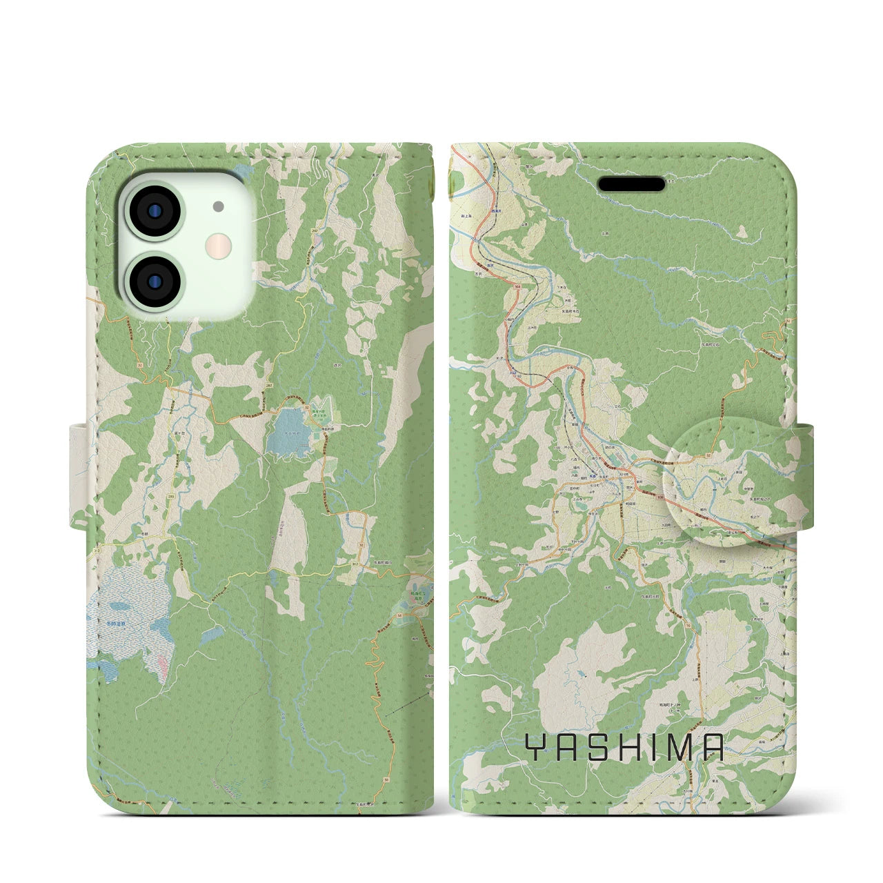 【矢島(秋田県)】地図柄iPhoneケース(手帳タイプ)ナチュラル・iPhone 12 mini 用
