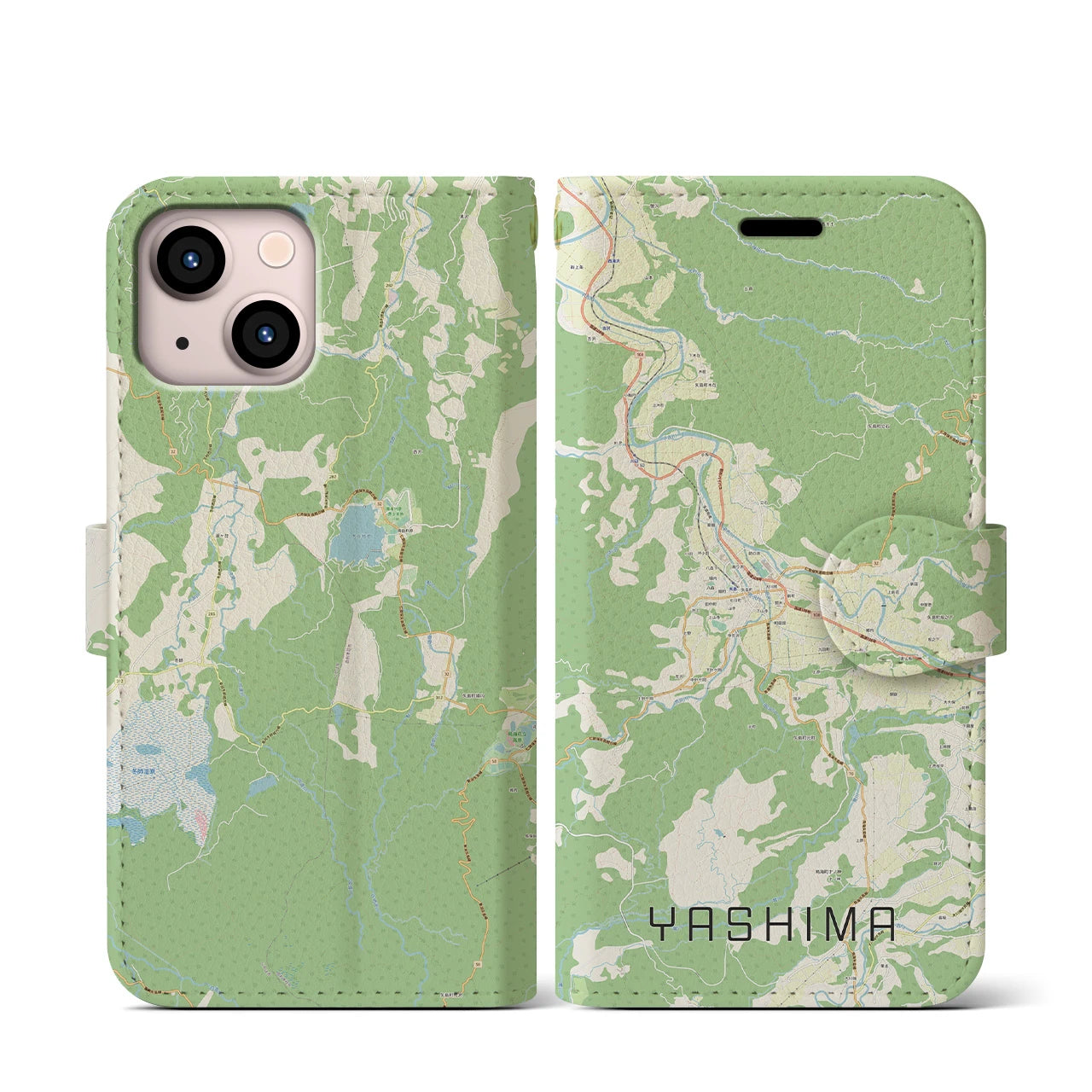【矢島(秋田県)】地図柄iPhoneケース(手帳タイプ)ナチュラル・iPhone 13 mini 用
