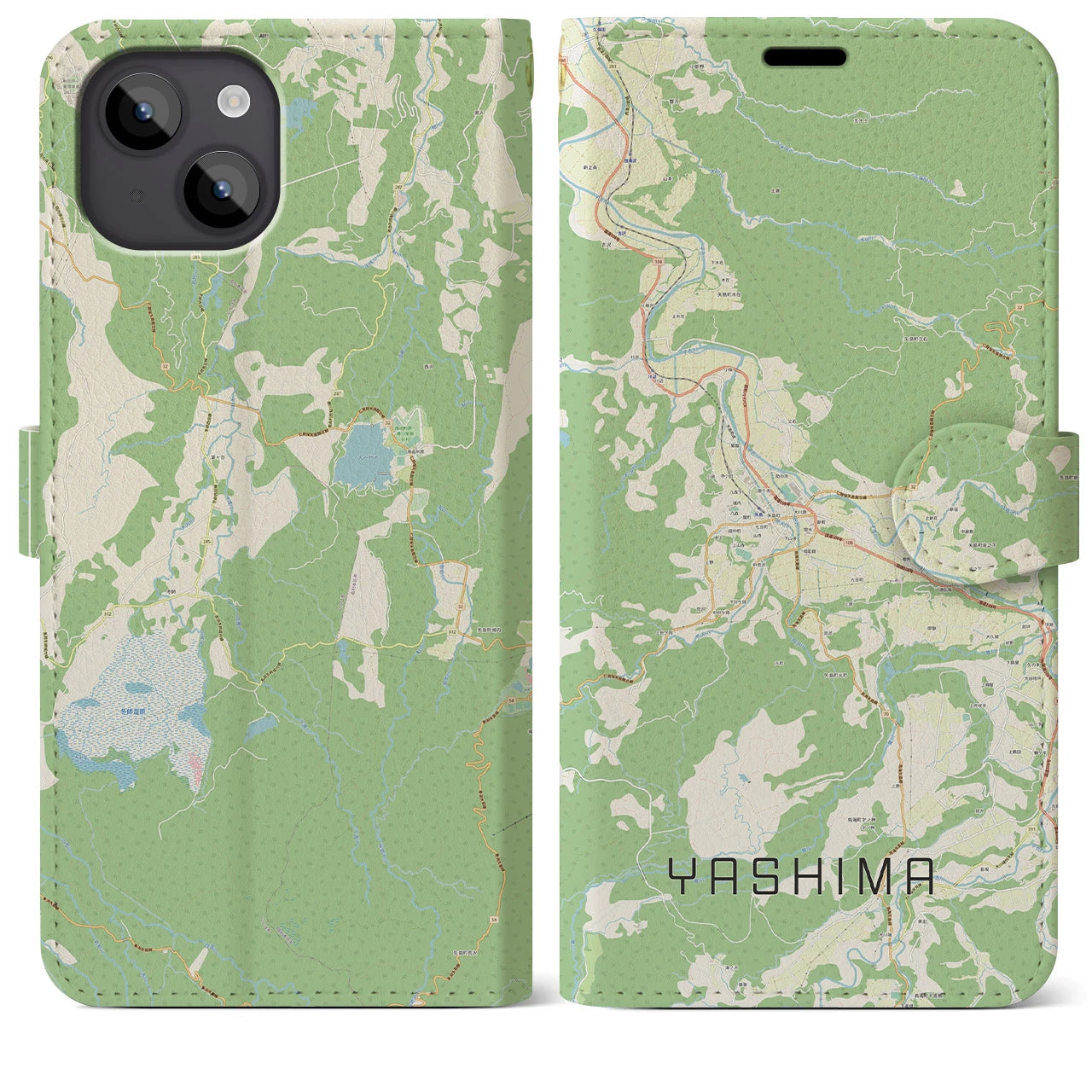 【矢島(秋田県)】地図柄iPhoneケース(手帳タイプ)ナチュラル・iPhone 14 Plus 用