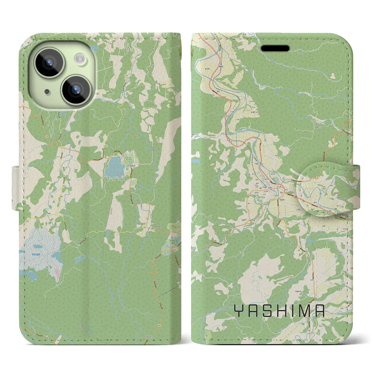 【矢島(秋田県)】地図柄iPhoneケース(手帳タイプ)ナチュラル・iPhone 15 用