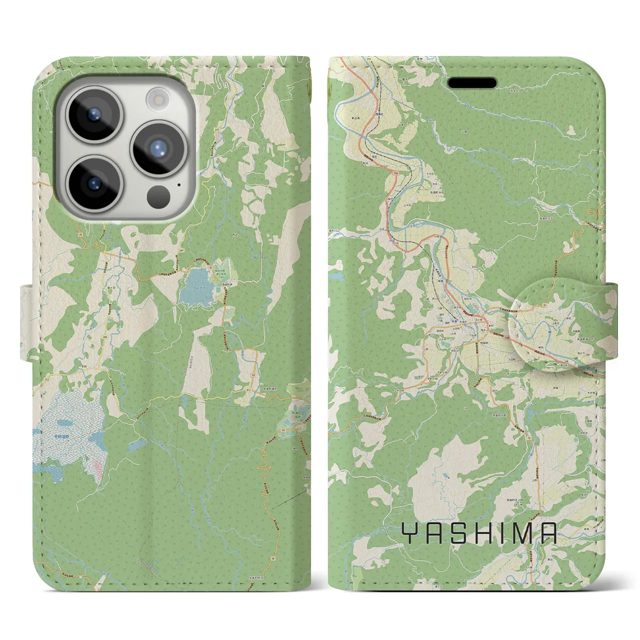 【矢島(秋田県)】地図柄iPhoneケース(手帳タイプ)ナチュラル・iPhone 15 Pro 用