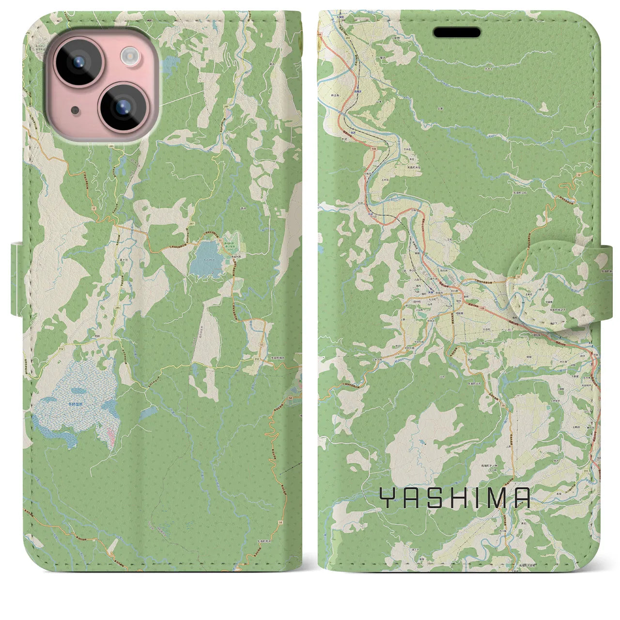 【矢島(秋田県)】地図柄iPhoneケース(手帳タイプ)ナチュラル・iPhone 15 Plus 用