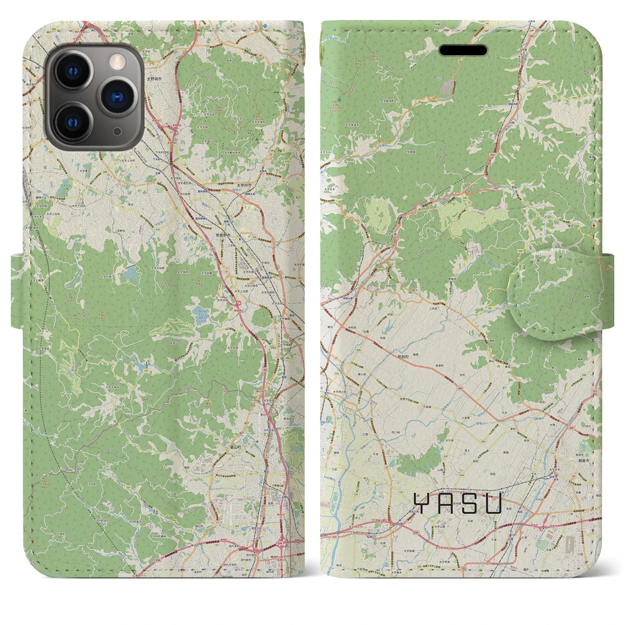 【夜須(福岡県)】地図柄iPhoneケース(手帳タイプ)ナチュラル・iPhone 11 Pro Max 用