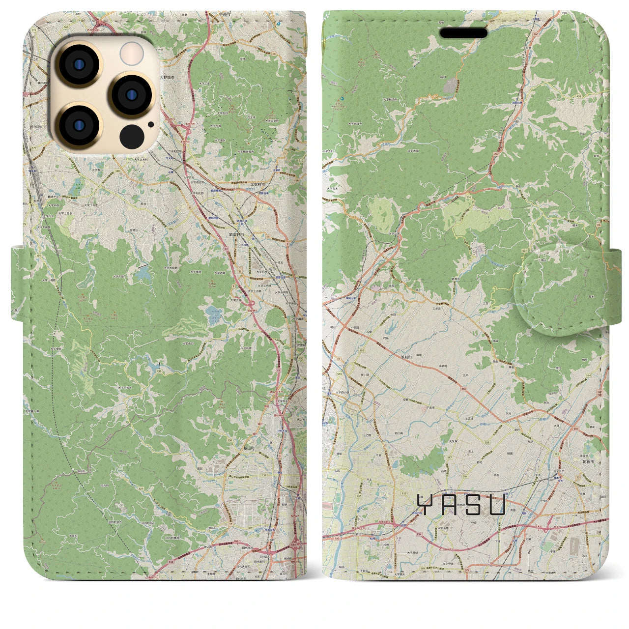 【夜須(福岡県)】地図柄iPhoneケース(手帳タイプ)ナチュラル・iPhone 12 Pro Max 用