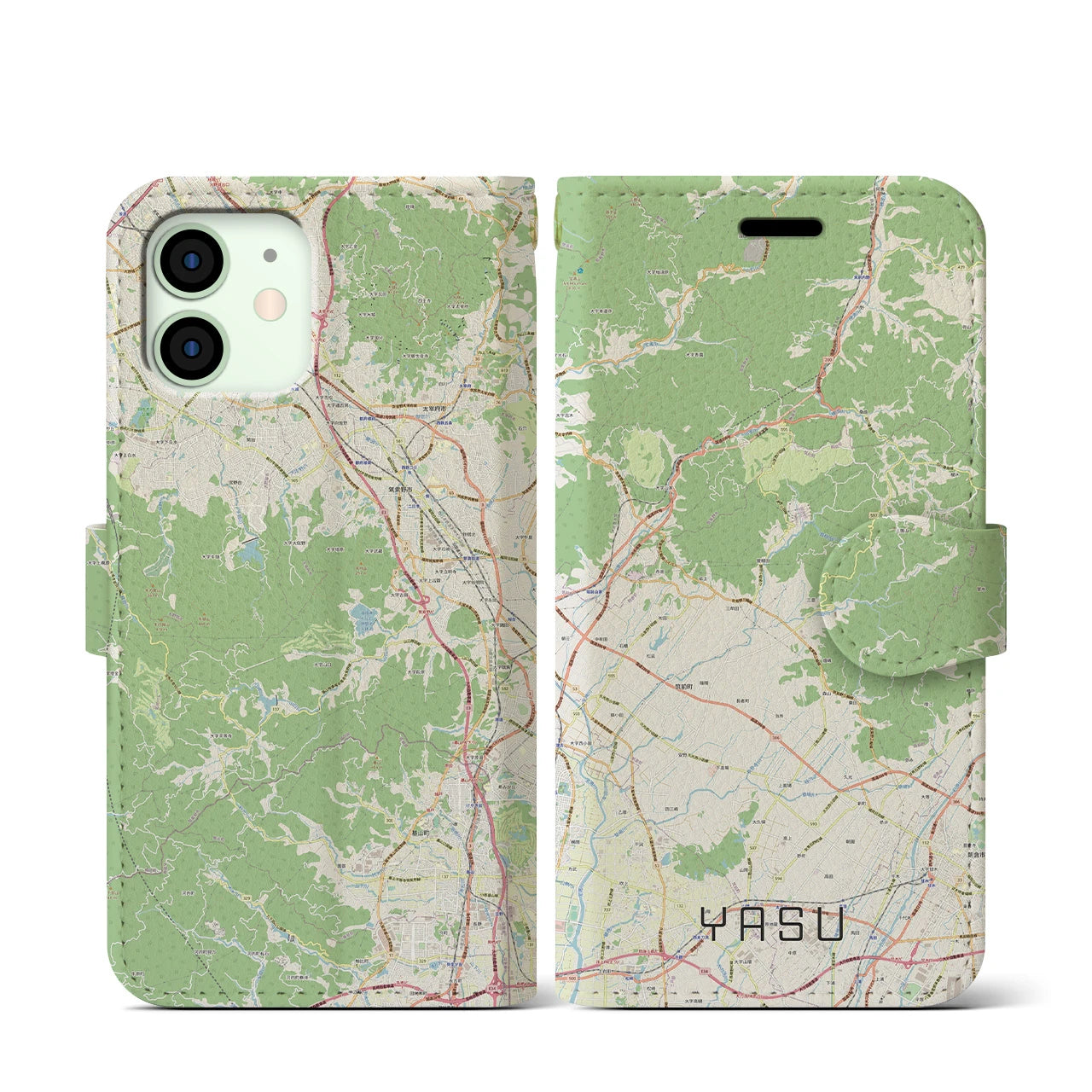 【夜須(福岡県)】地図柄iPhoneケース(手帳タイプ)ナチュラル・iPhone 12 mini 用
