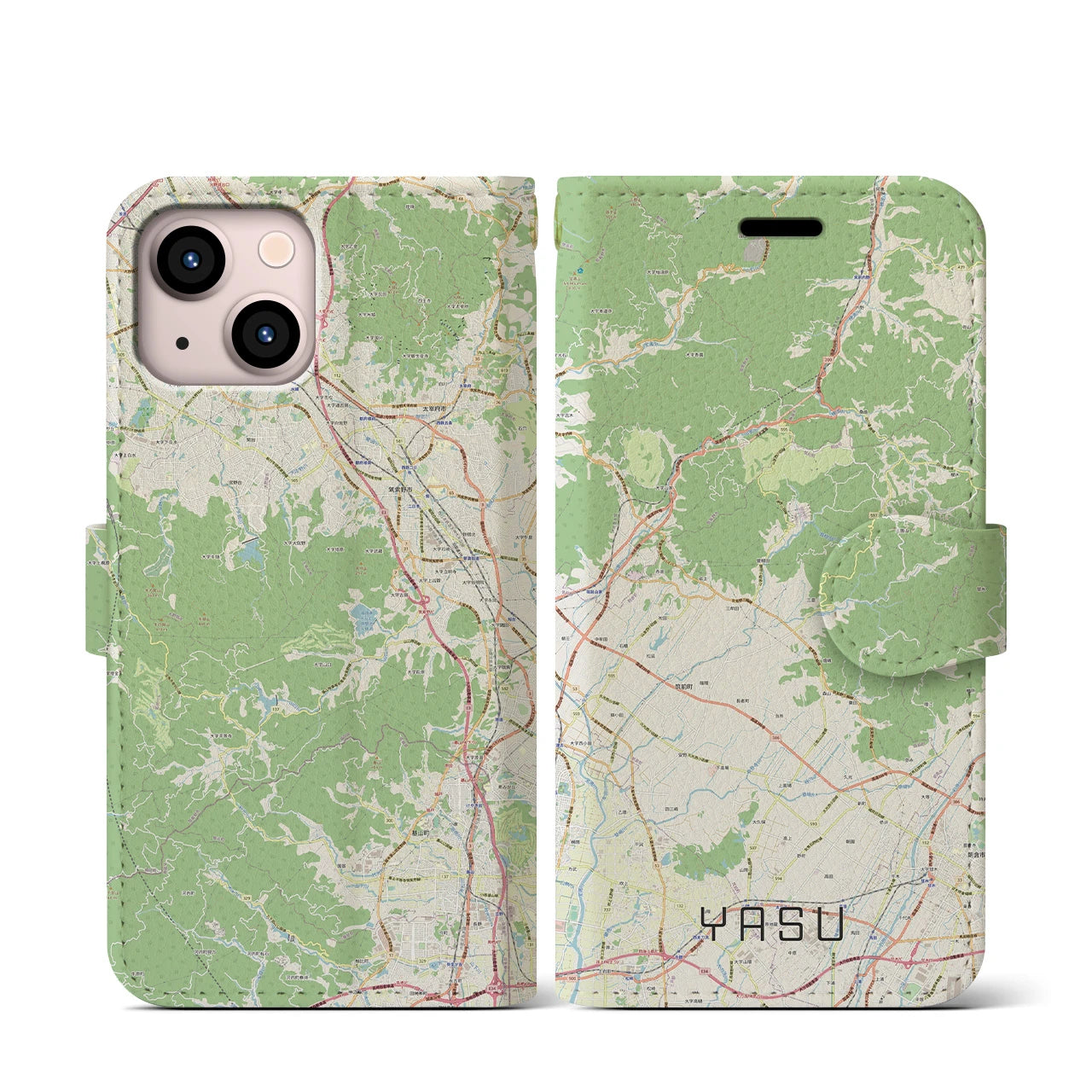 【夜須(福岡県)】地図柄iPhoneケース(手帳タイプ)ナチュラル・iPhone 13 mini 用