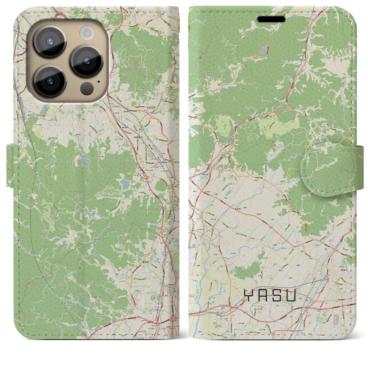 【夜須(福岡県)】地図柄iPhoneケース(手帳タイプ)ナチュラル・iPhone 14 Pro Max 用