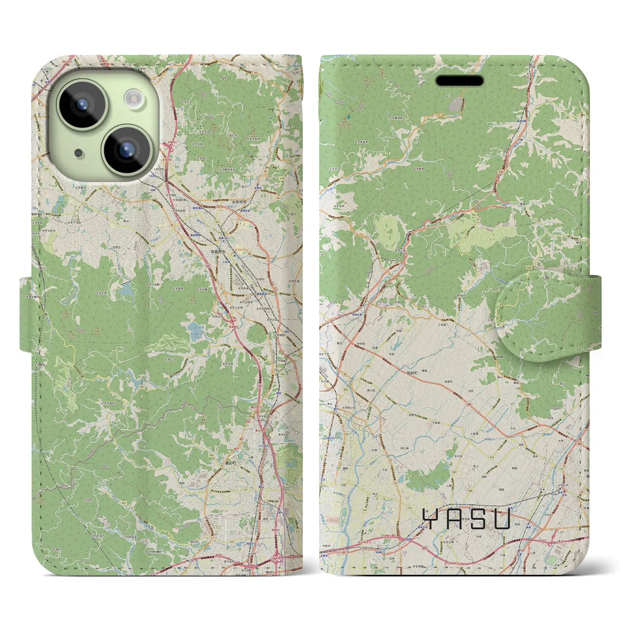 【夜須(福岡県)】地図柄iPhoneケース(手帳タイプ)ナチュラル・iPhone 15 用