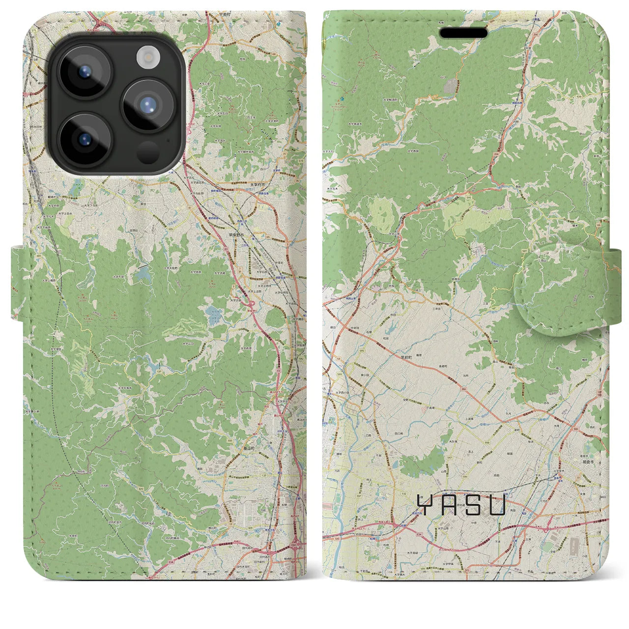 【夜須(福岡県)】地図柄iPhoneケース(手帳タイプ)ナチュラル・iPhone 15 Pro Max 用