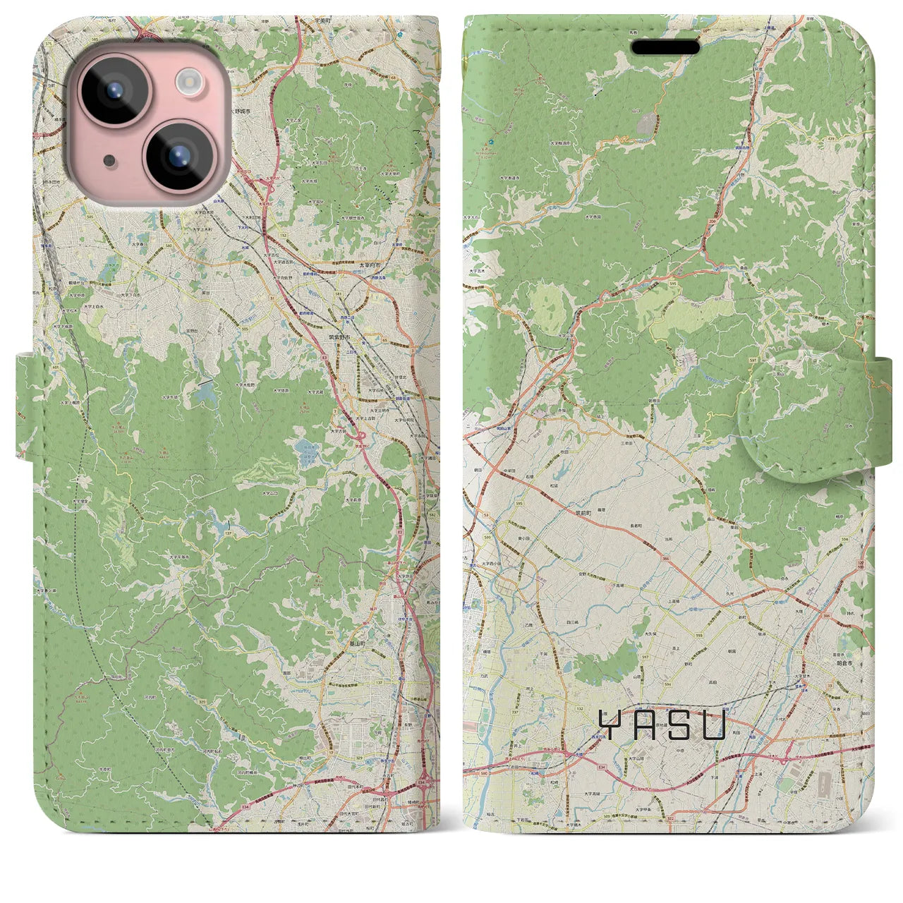 【夜須(福岡県)】地図柄iPhoneケース(手帳タイプ)ナチュラル・iPhone 15 Plus 用