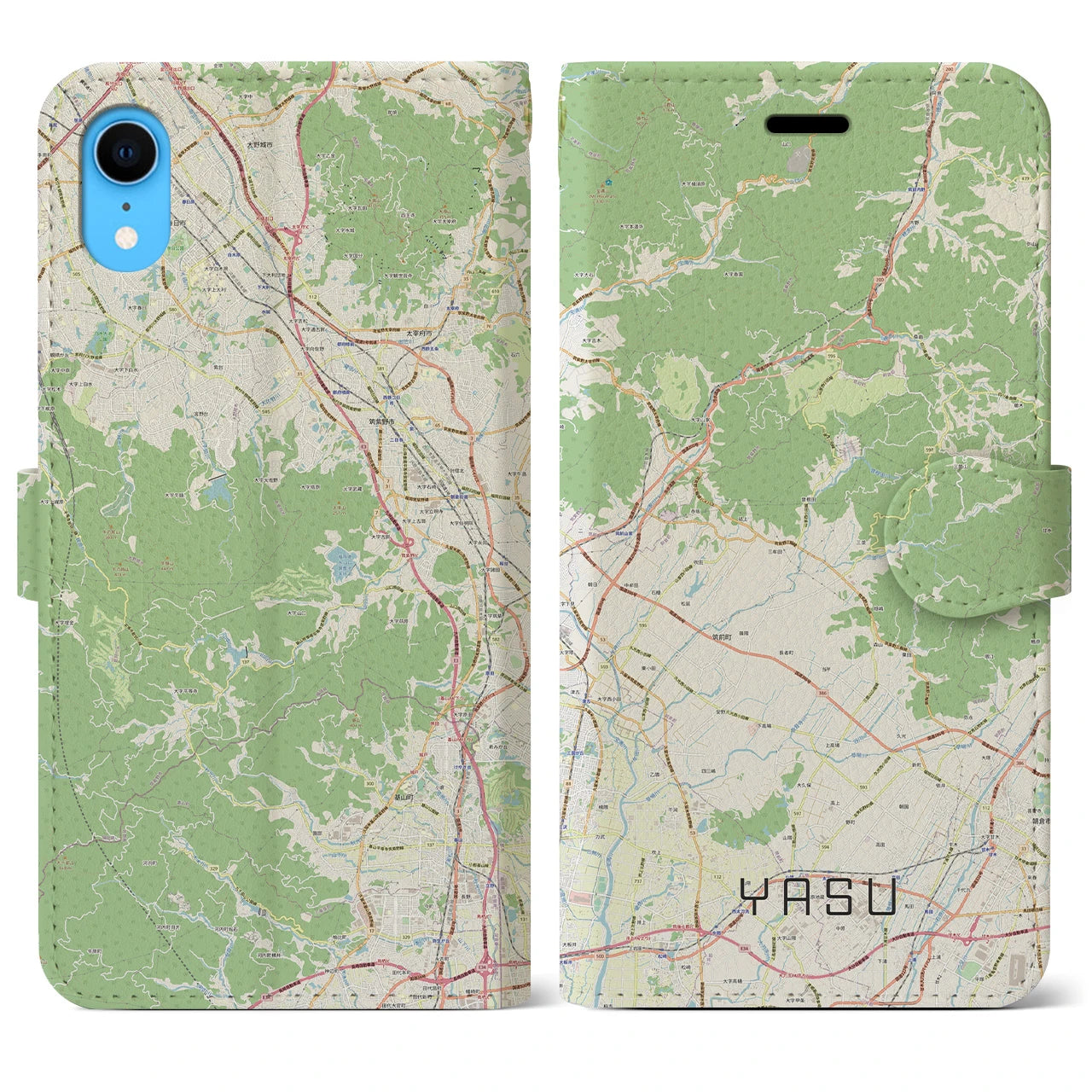 【夜須(福岡県)】地図柄iPhoneケース(手帳タイプ)ナチュラル・iPhone XR 用