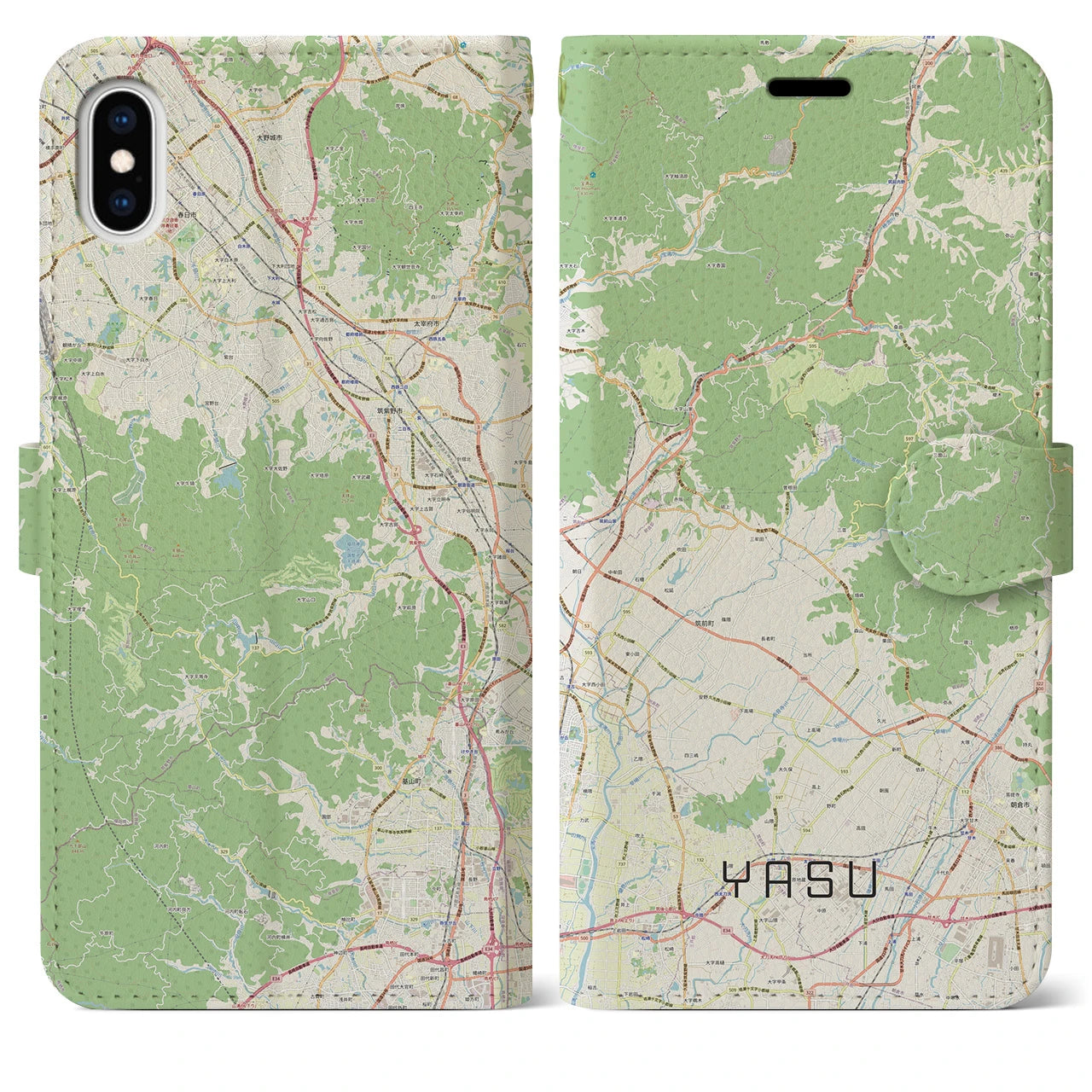 【夜須(福岡県)】地図柄iPhoneケース(手帳タイプ)ナチュラル・iPhone XS Max 用