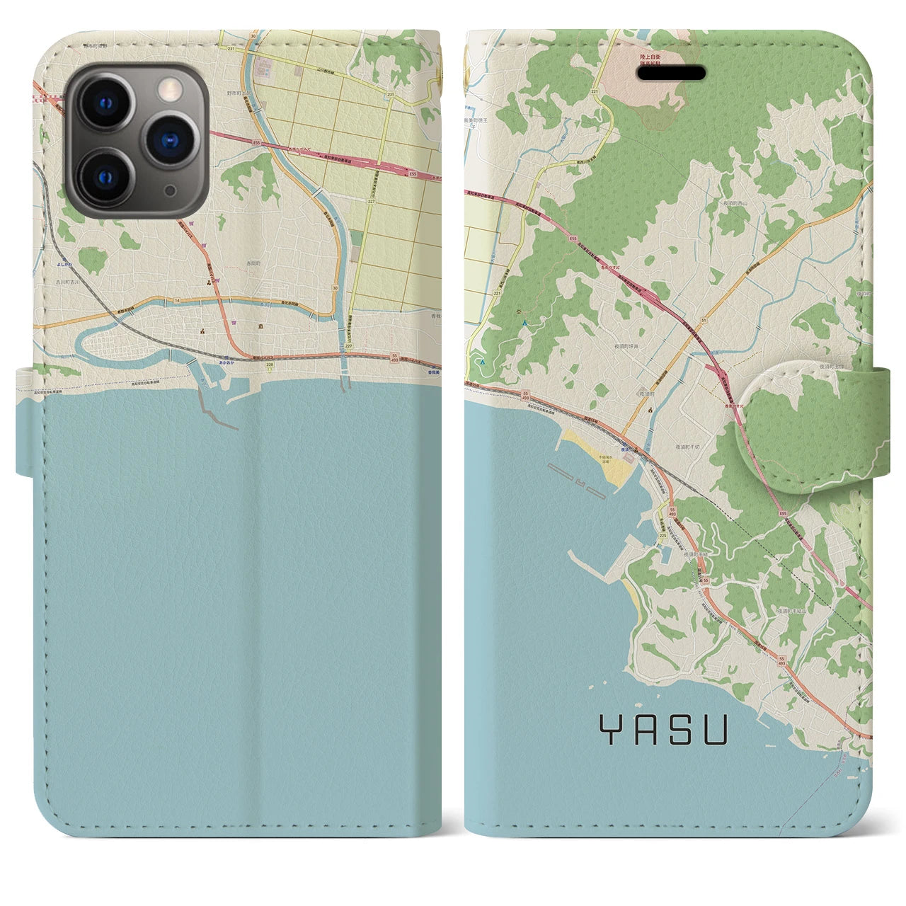 【夜須(高知県)】地図柄iPhoneケース(手帳タイプ)ナチュラル・iPhone 11 Pro Max 用