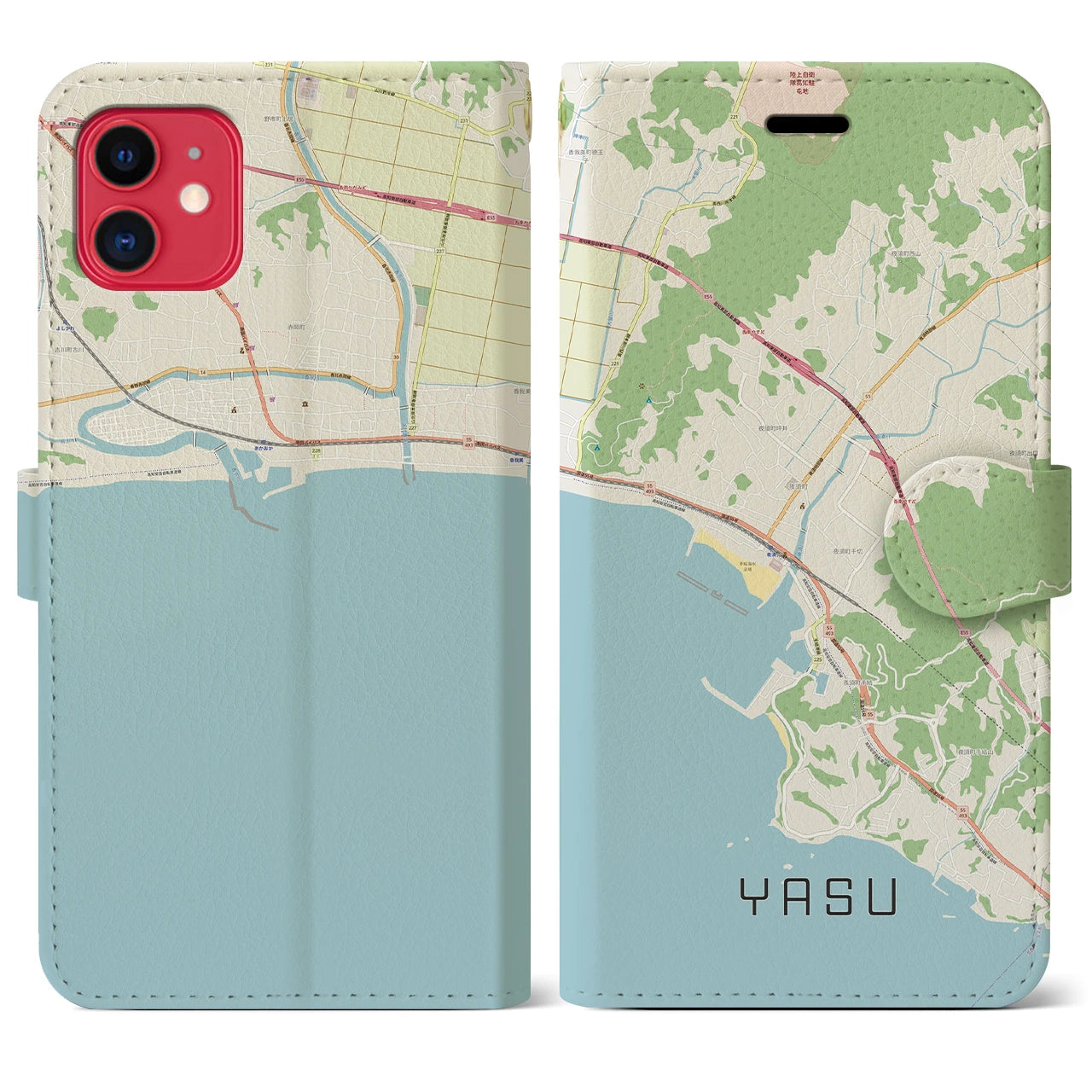 【夜須(高知県)】地図柄iPhoneケース(手帳タイプ)ナチュラル・iPhone 11 用