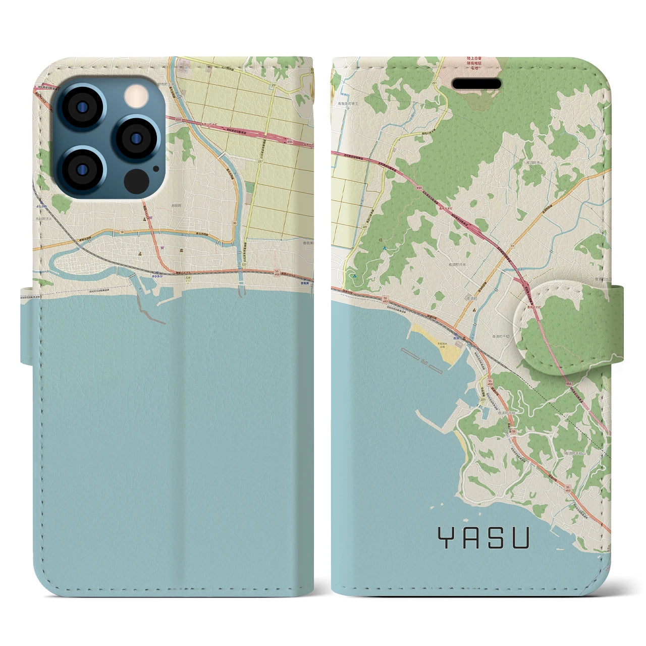 【夜須(高知県)】地図柄iPhoneケース(手帳タイプ)ナチュラル・iPhone 12 / 12 Pro 用