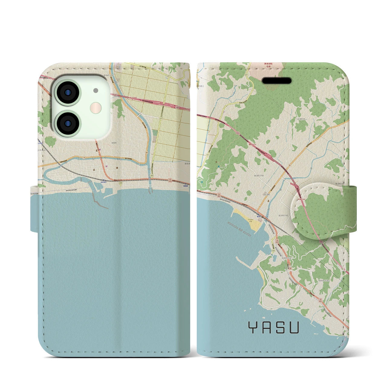 【夜須(高知県)】地図柄iPhoneケース(手帳タイプ)ナチュラル・iPhone 12 mini 用