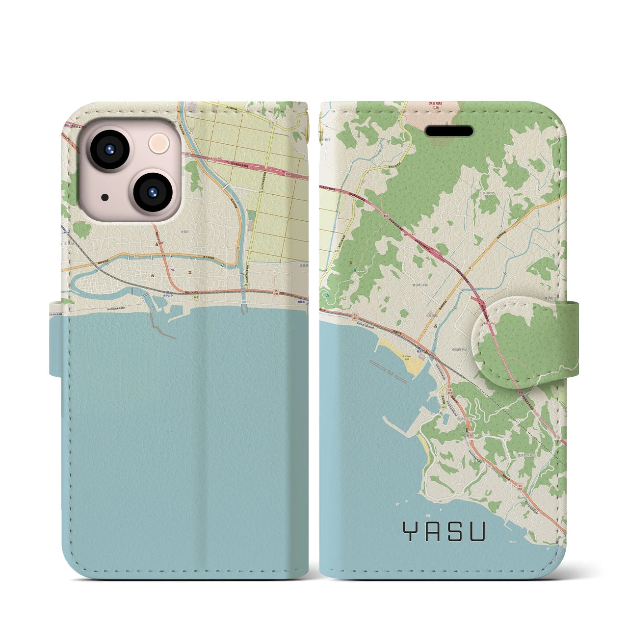 【夜須(高知県)】地図柄iPhoneケース(手帳タイプ)ナチュラル・iPhone 13 mini 用