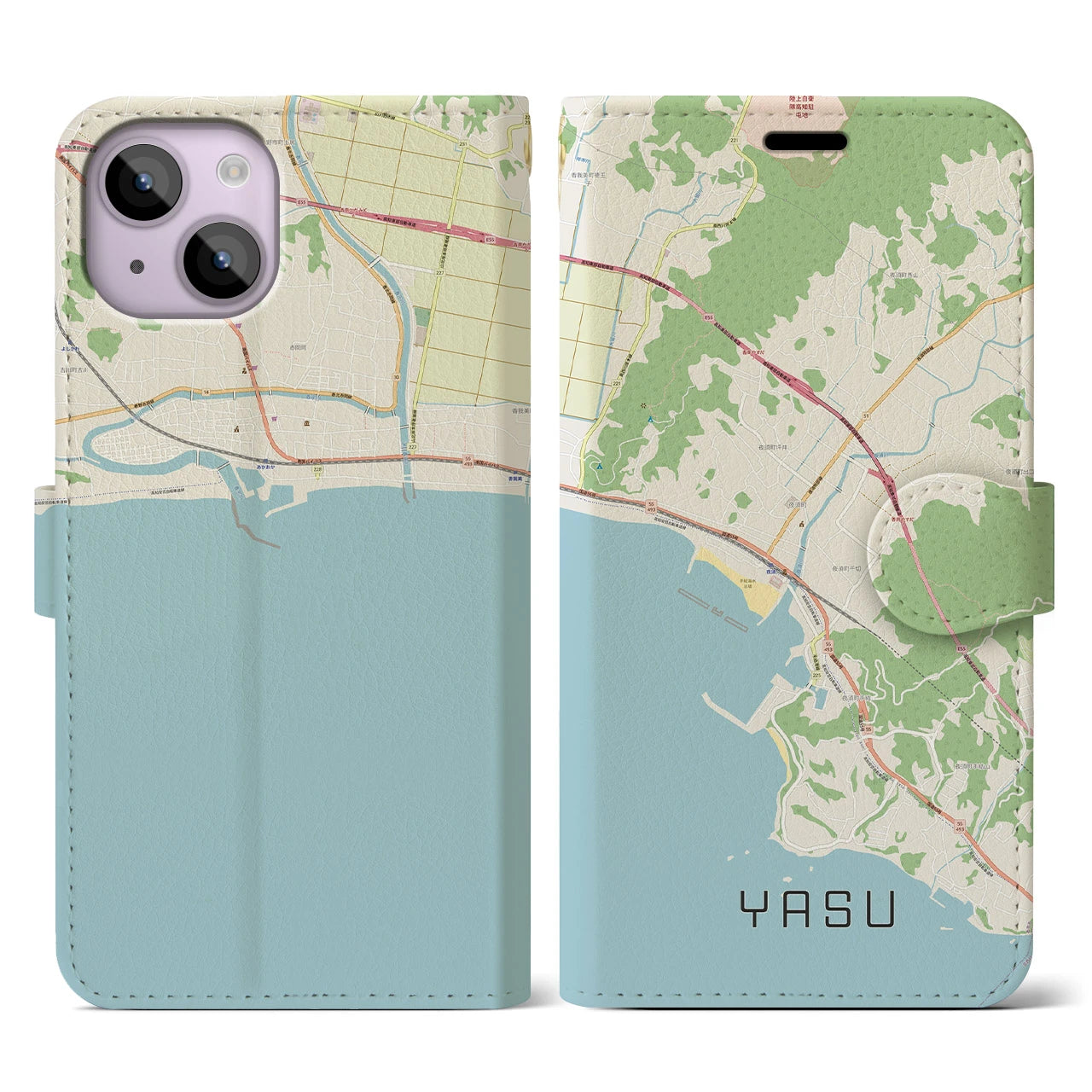 【夜須(高知県)】地図柄iPhoneケース(手帳タイプ)ナチュラル・iPhone 14 用