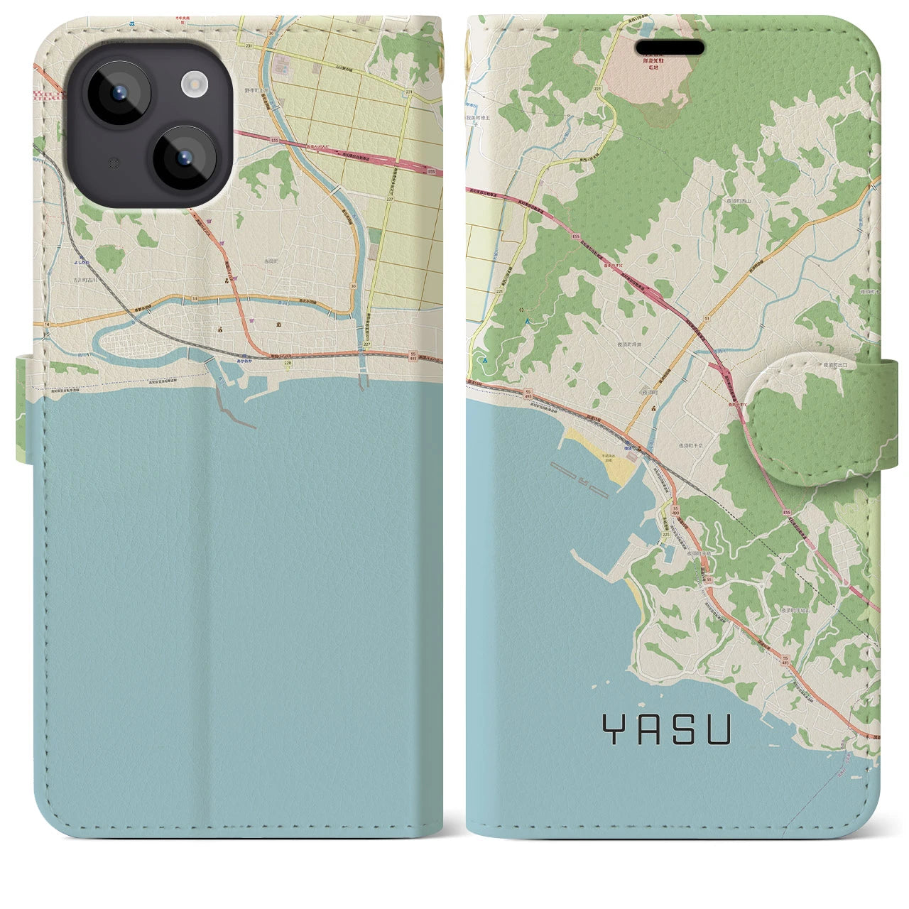【夜須(高知県)】地図柄iPhoneケース(手帳タイプ)ナチュラル・iPhone 14 Plus 用