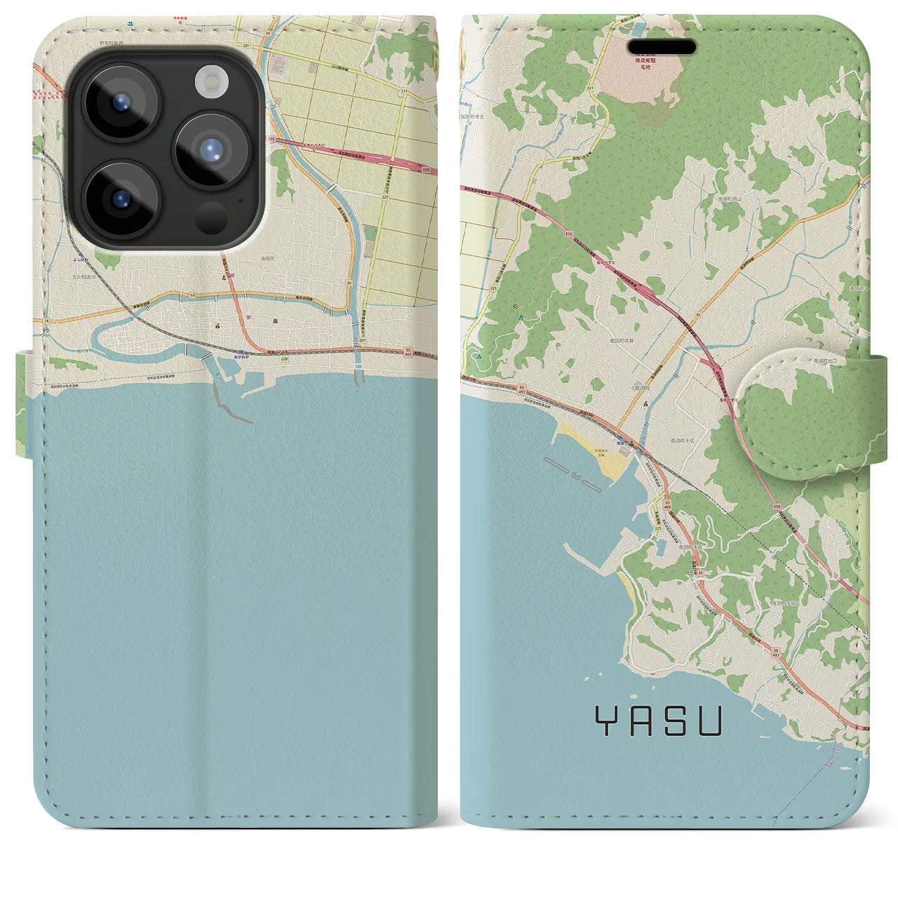 【夜須(高知県)】地図柄iPhoneケース(手帳タイプ)ナチュラル・iPhone 15 Pro Max 用