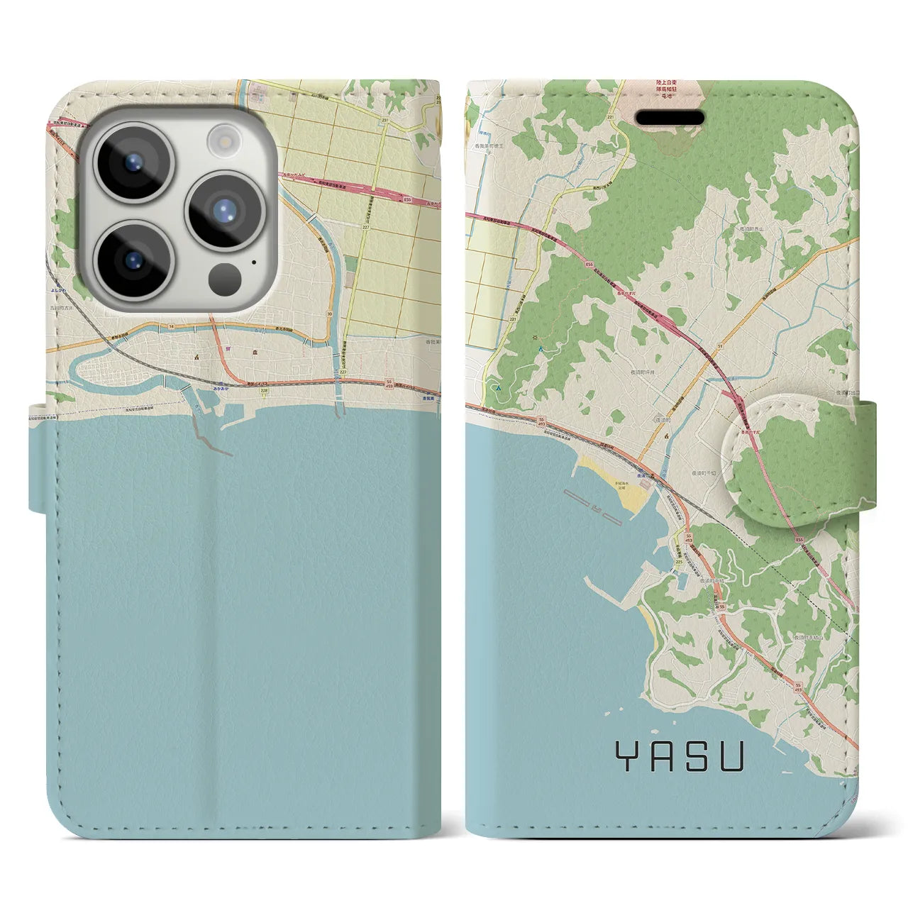 【夜須(高知県)】地図柄iPhoneケース(手帳タイプ)ナチュラル・iPhone 15 Pro 用
