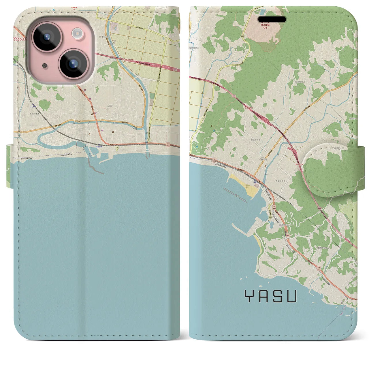 【夜須(高知県)】地図柄iPhoneケース(手帳タイプ)ナチュラル・iPhone 15 Plus 用