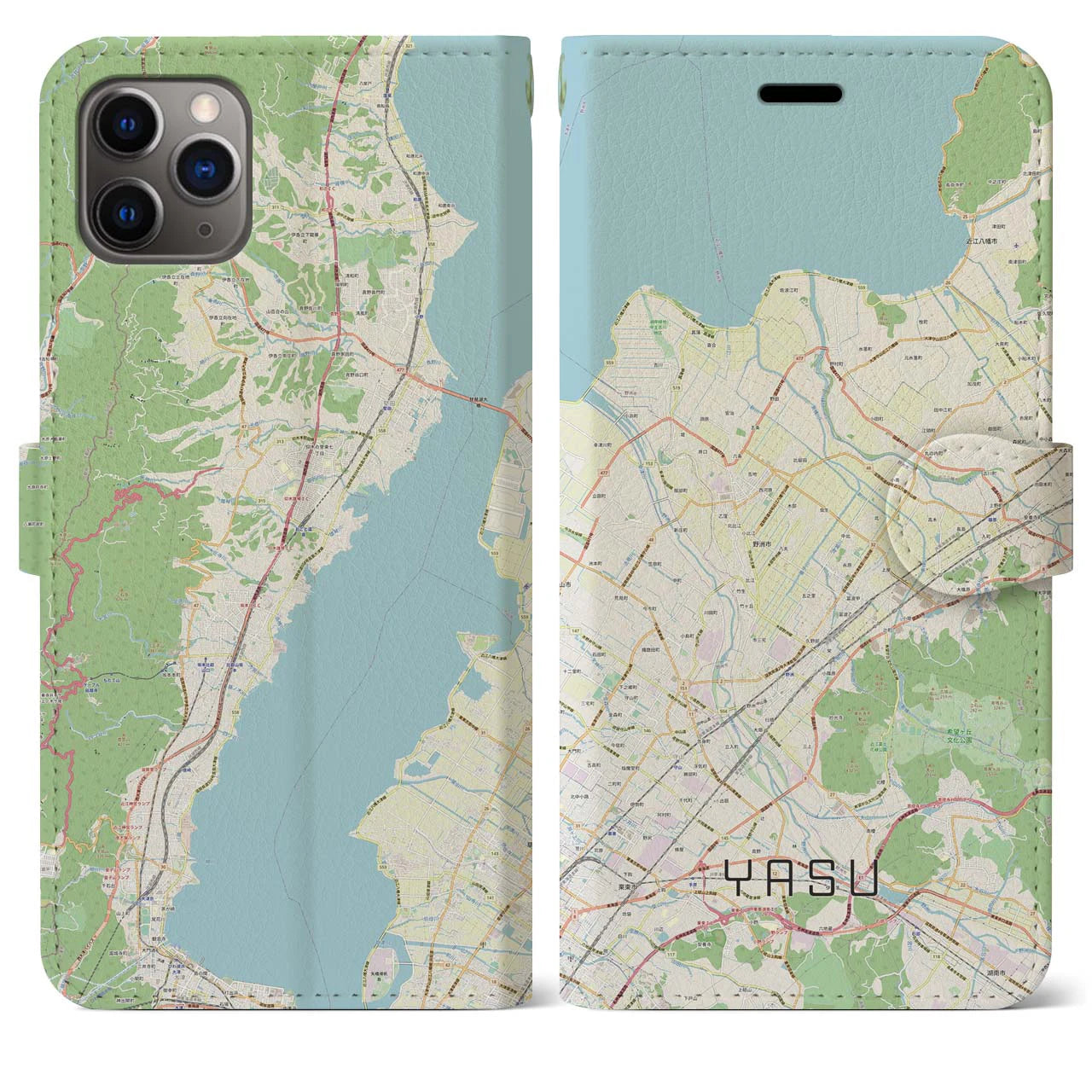 【野洲(滋賀県)】地図柄iPhoneケース(手帳タイプ)ナチュラル・iPhone 11 Pro Max 用