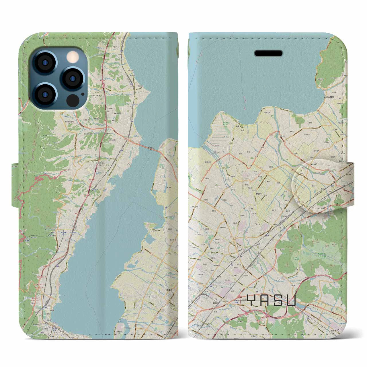 【野洲(滋賀県)】地図柄iPhoneケース(手帳タイプ)ナチュラル・iPhone 12 / 12 Pro 用
