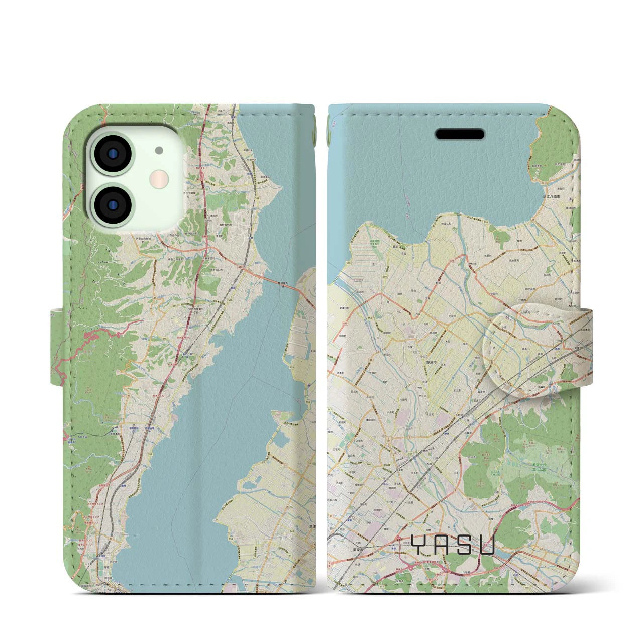 【野洲(滋賀県)】地図柄iPhoneケース(手帳タイプ)ナチュラル・iPhone 12 mini 用