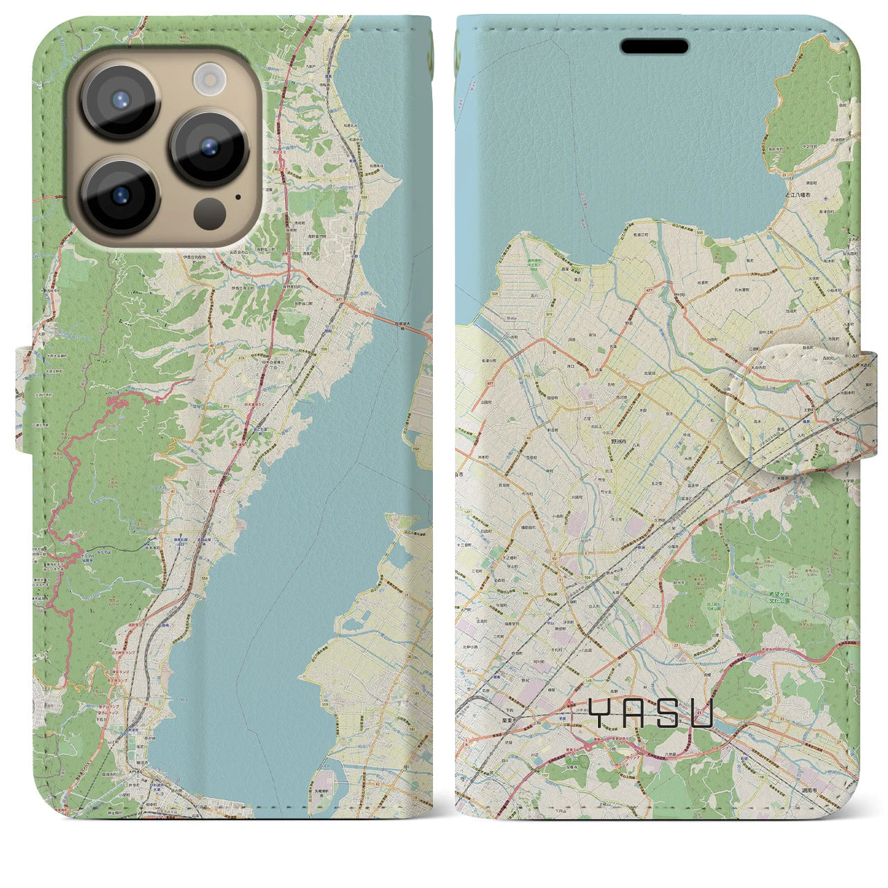 【野洲(滋賀県)】地図柄iPhoneケース(手帳タイプ)ナチュラル・iPhone 14 Pro Max 用