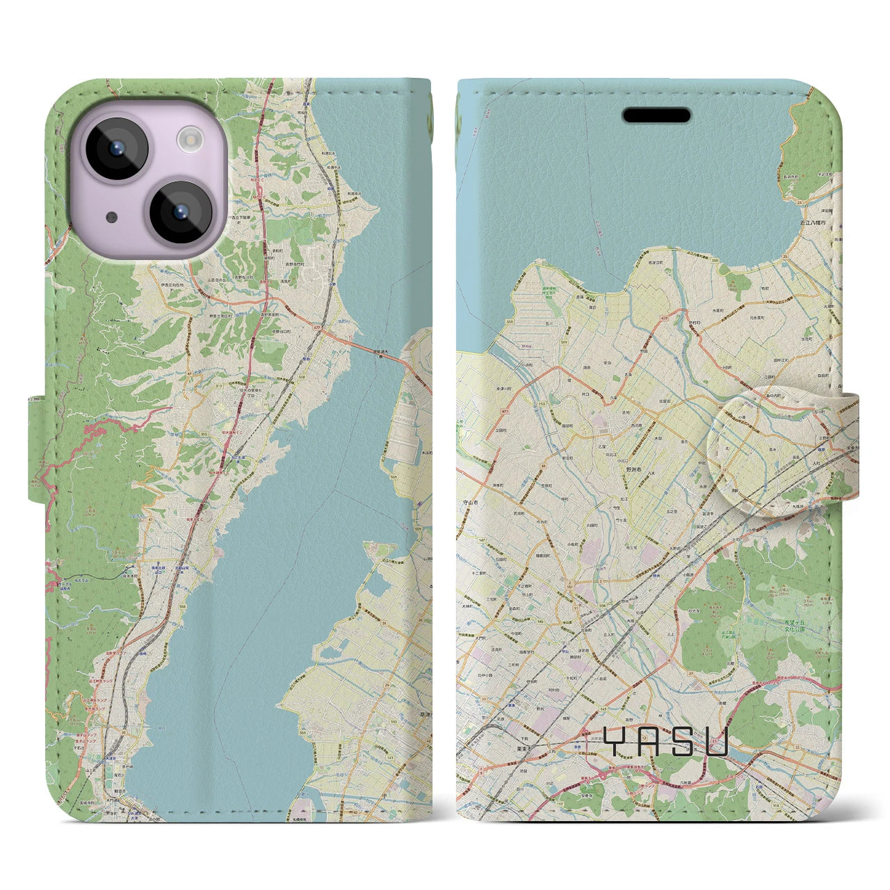 【野洲(滋賀県)】地図柄iPhoneケース(手帳タイプ)ナチュラル・iPhone 14 用