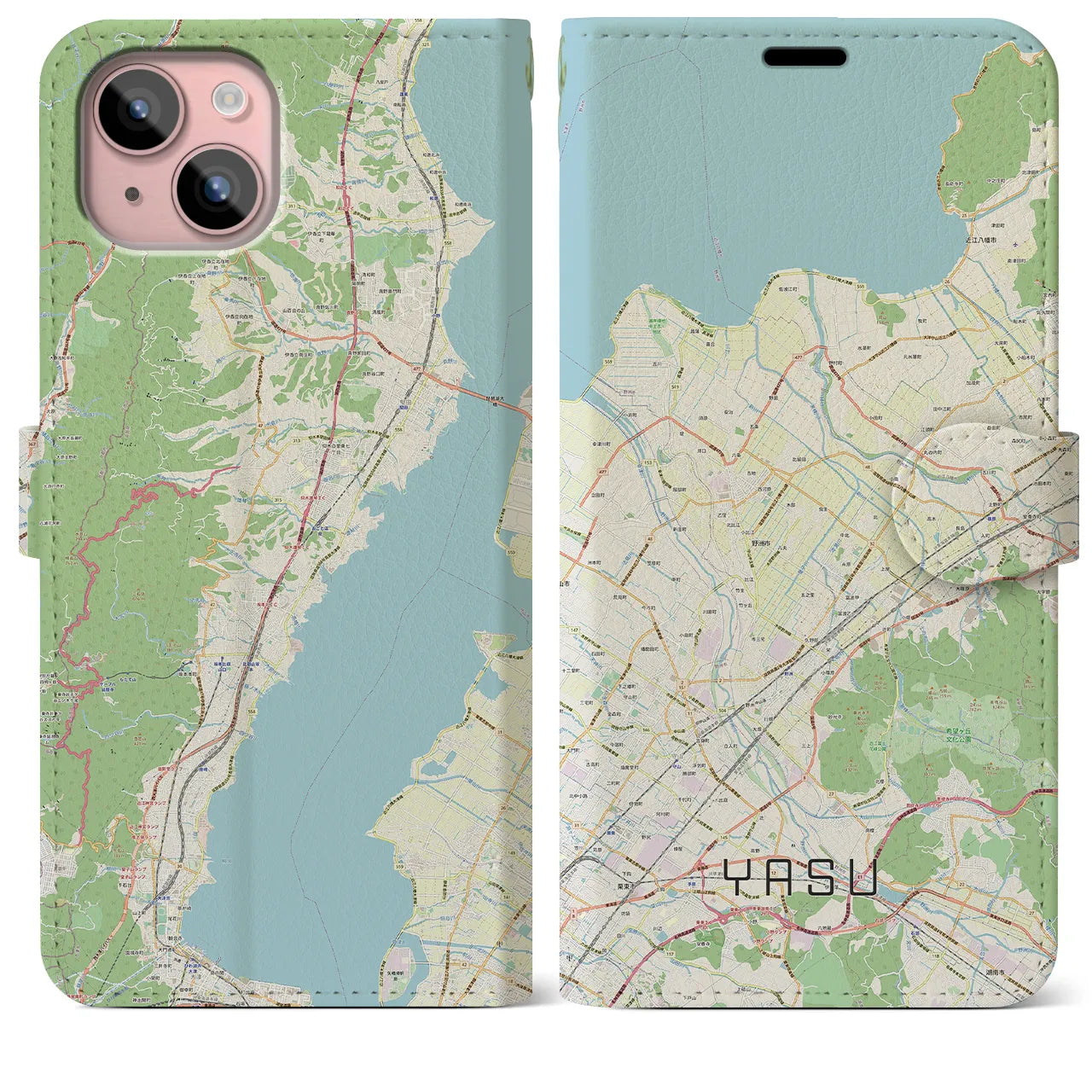 【野洲(滋賀県)】地図柄iPhoneケース(手帳タイプ)ナチュラル・iPhone 15 Plus 用