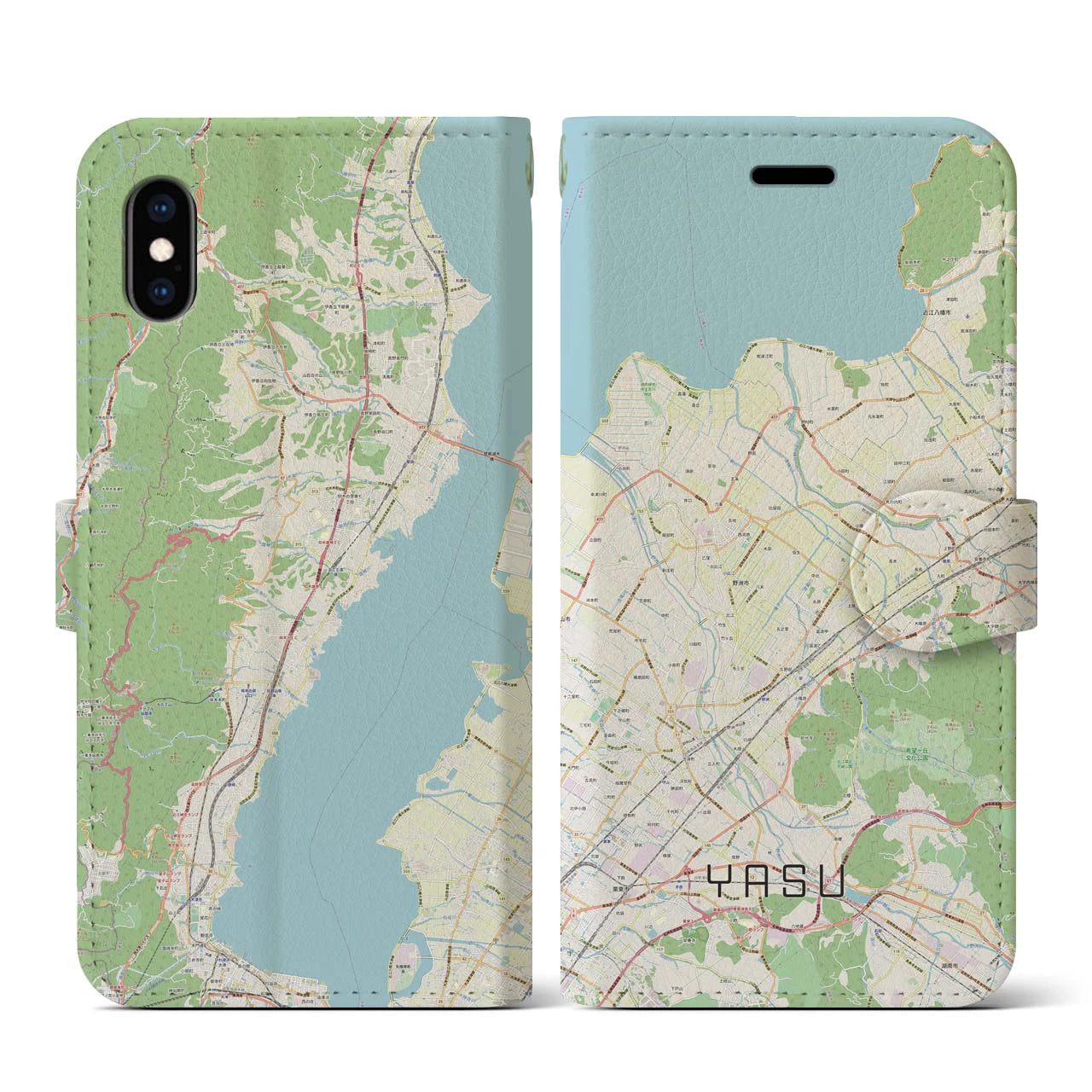 【野洲(滋賀県)】地図柄iPhoneケース(手帳タイプ)ナチュラル・iPhone XS / X 用