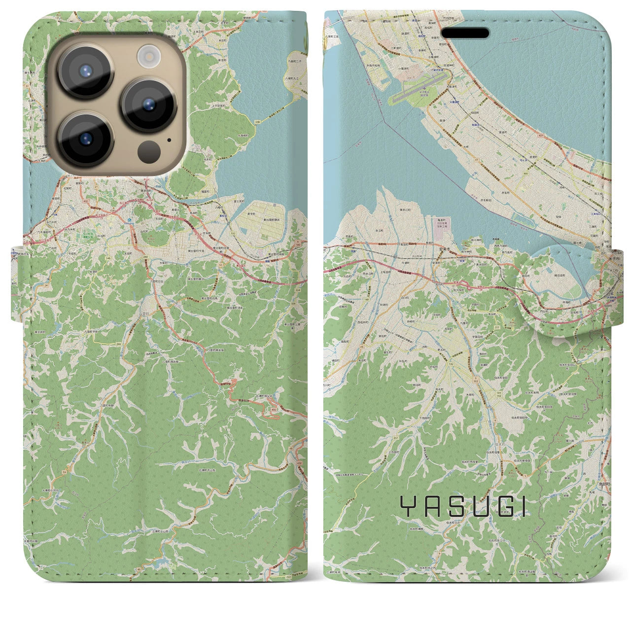 【安来(島根県)】地図柄iPhoneケース(手帳タイプ)ナチュラル・iPhone 14 Pro Max 用