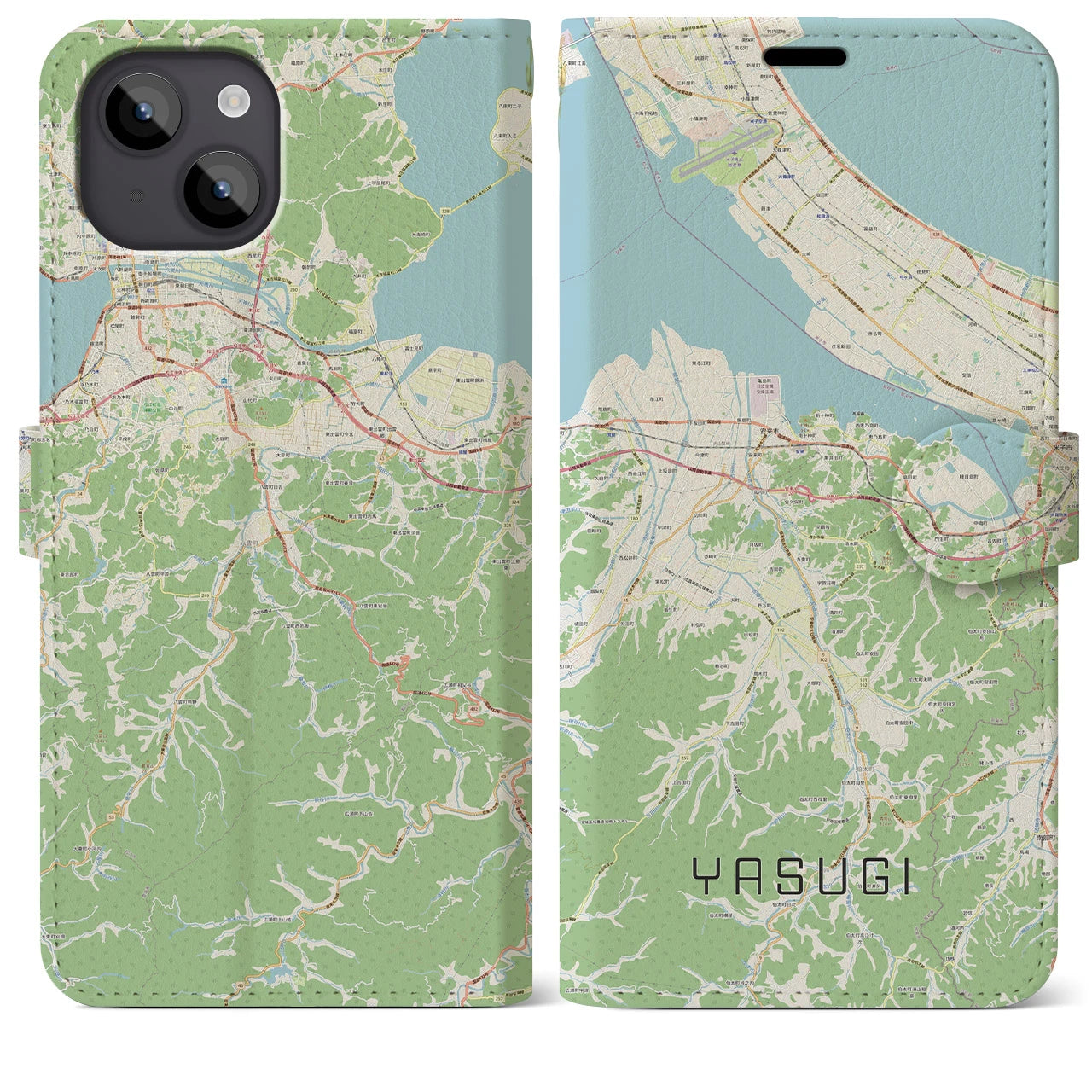 【安来(島根県)】地図柄iPhoneケース(手帳タイプ)ナチュラル・iPhone 14 Plus 用
