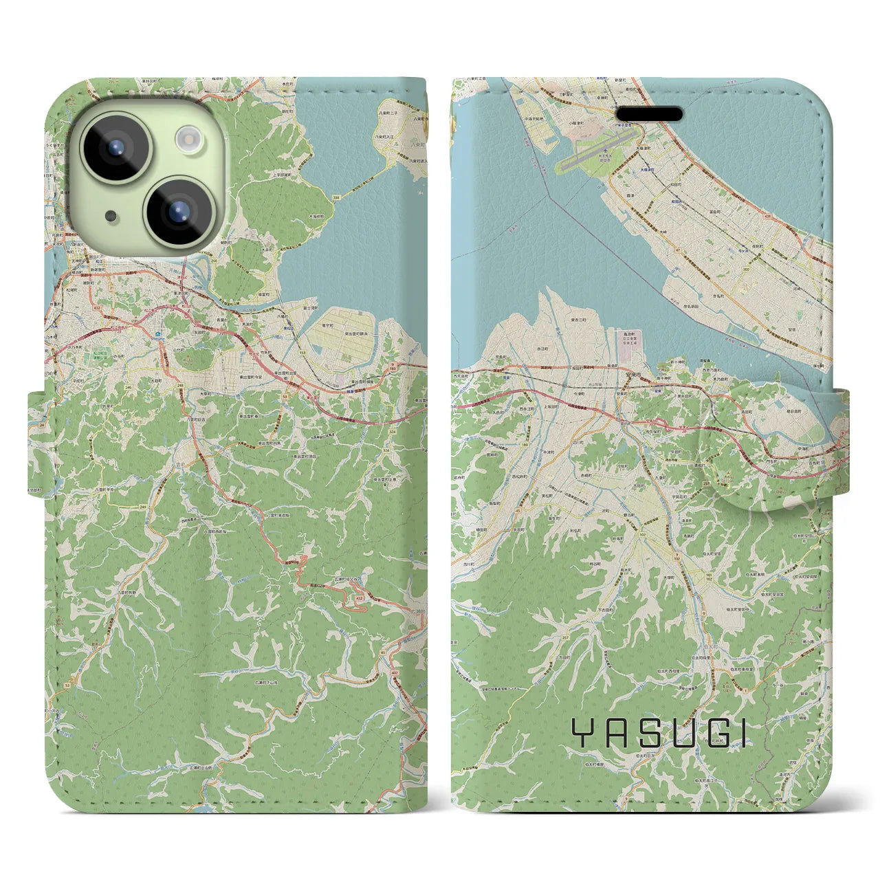 【安来(島根県)】地図柄iPhoneケース(手帳タイプ)ナチュラル・iPhone 15 用