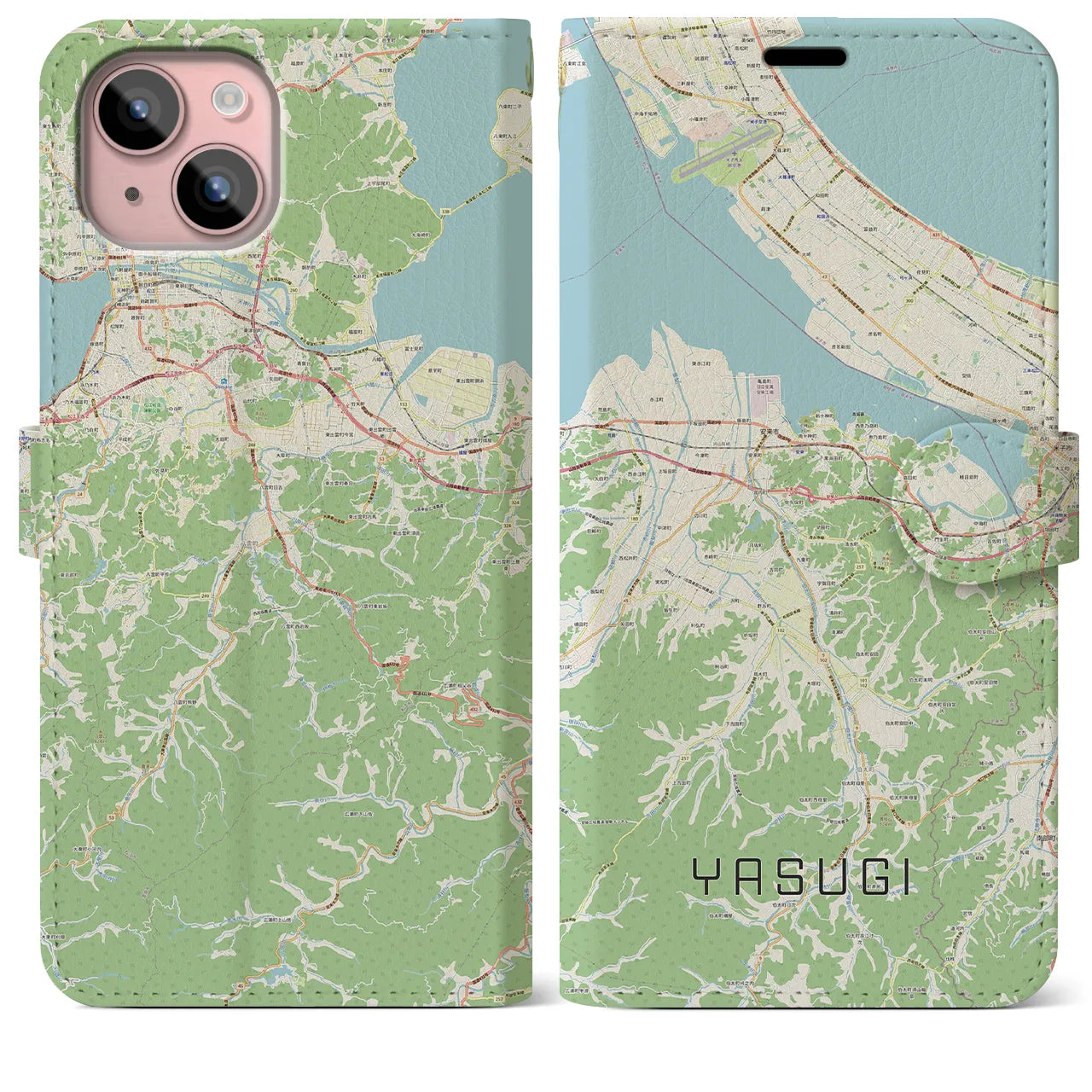 【安来(島根県)】地図柄iPhoneケース(手帳タイプ)ナチュラル・iPhone 15 Plus 用