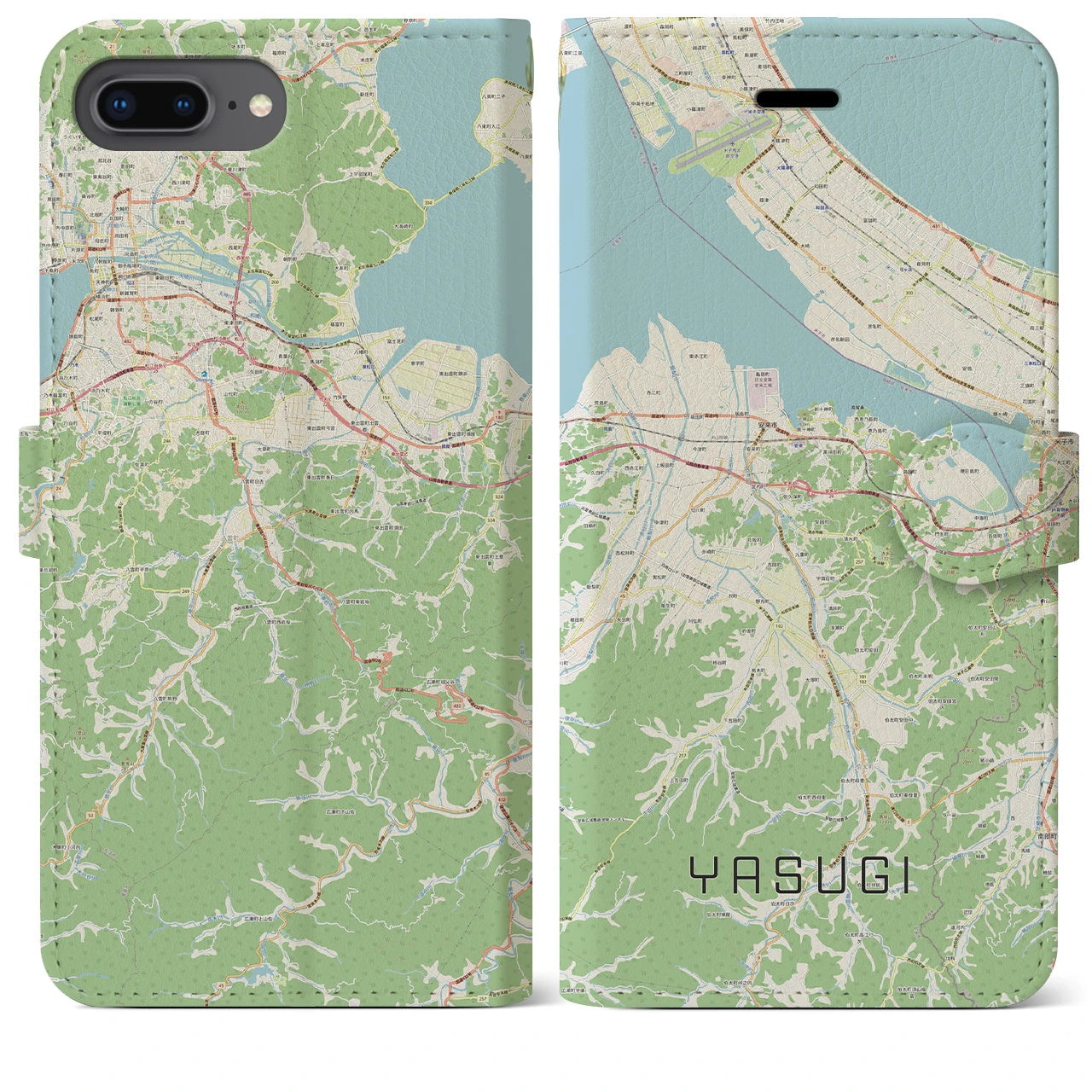 【安来(島根県)】地図柄iPhoneケース(手帳タイプ)ナチュラル・iPhone 8Plus /7Plus / 6sPlus / 6Plus 用