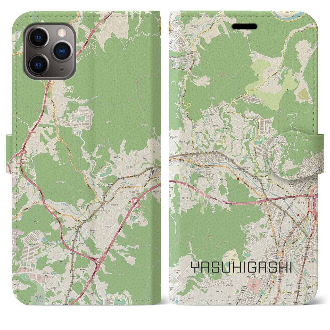 【安東(広島県)】地図柄iPhoneケース(手帳タイプ)ナチュラル・iPhone 11 Pro Max 用