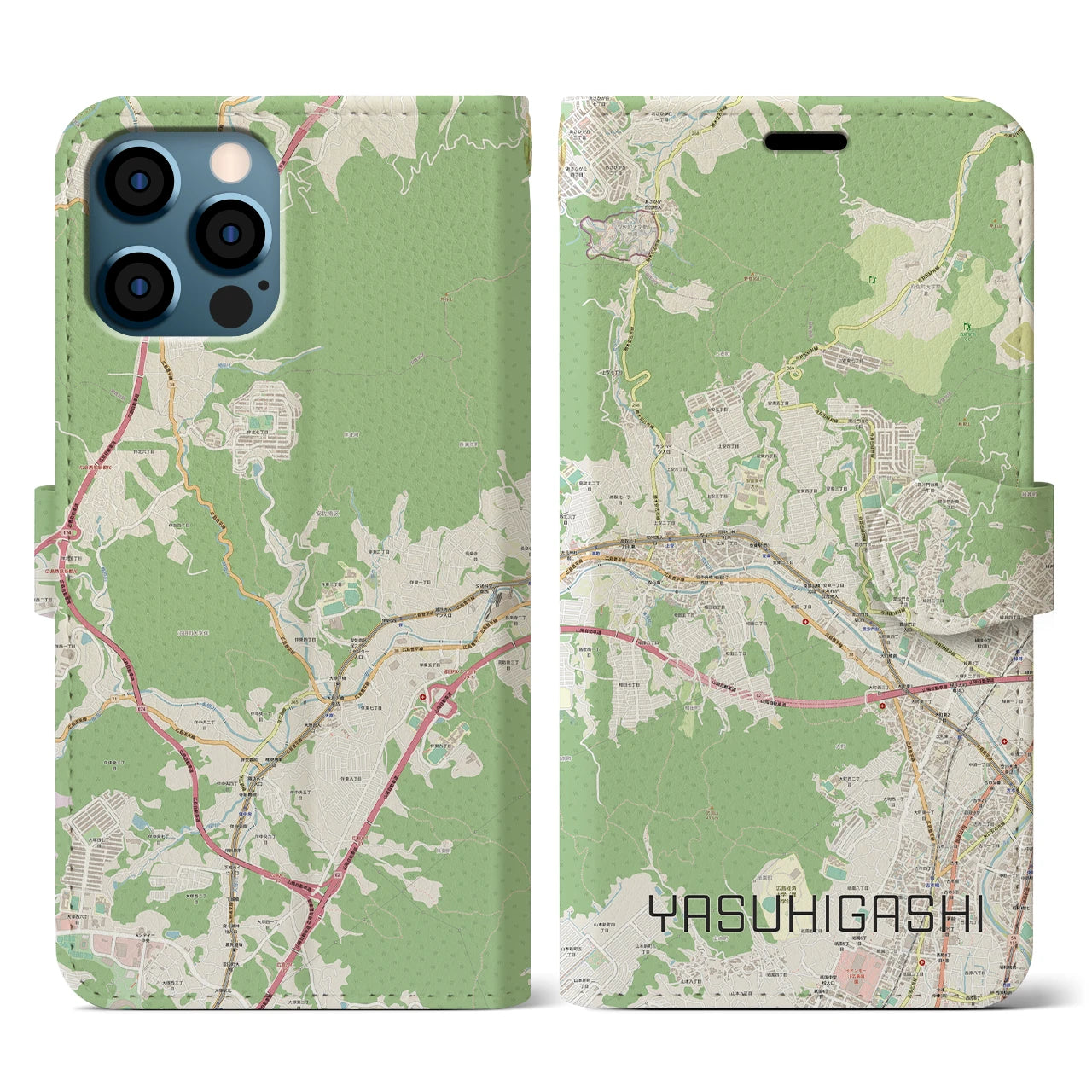 【安東(広島県)】地図柄iPhoneケース(手帳タイプ)ナチュラル・iPhone 12 / 12 Pro 用