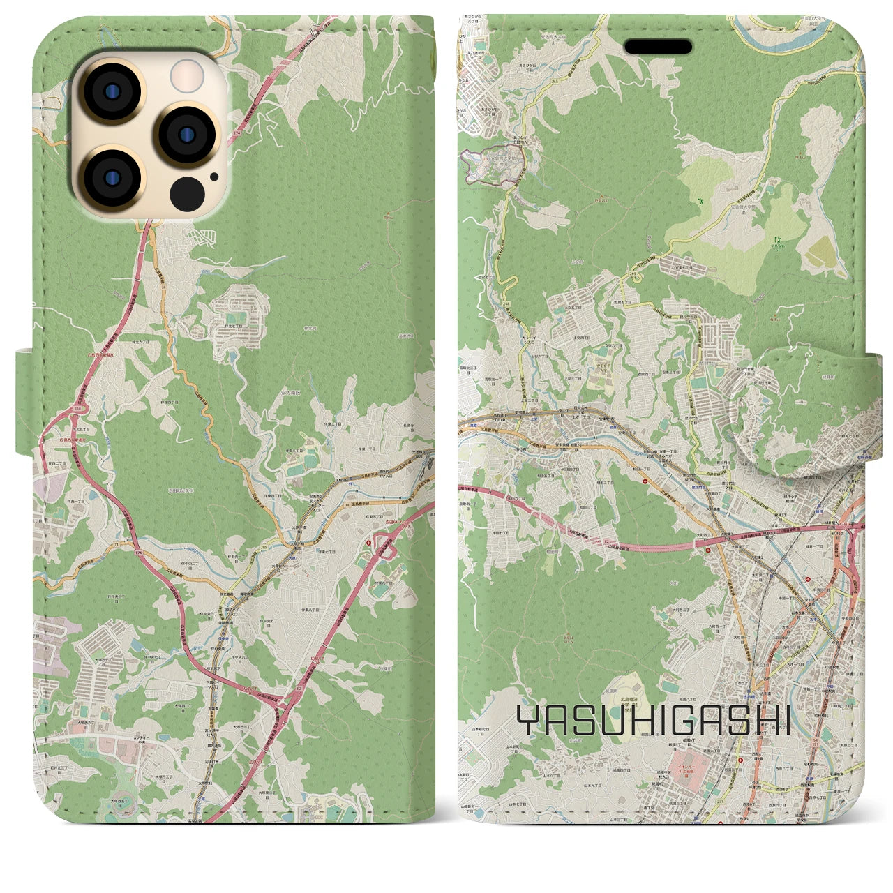 【安東(広島県)】地図柄iPhoneケース(手帳タイプ)ナチュラル・iPhone 12 Pro Max 用