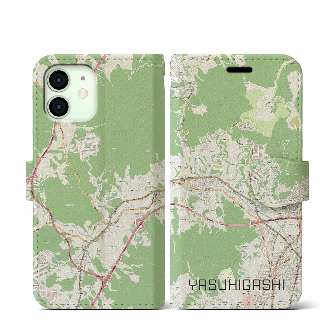 【安東(広島県)】地図柄iPhoneケース(手帳タイプ)ナチュラル・iPhone 12 mini 用