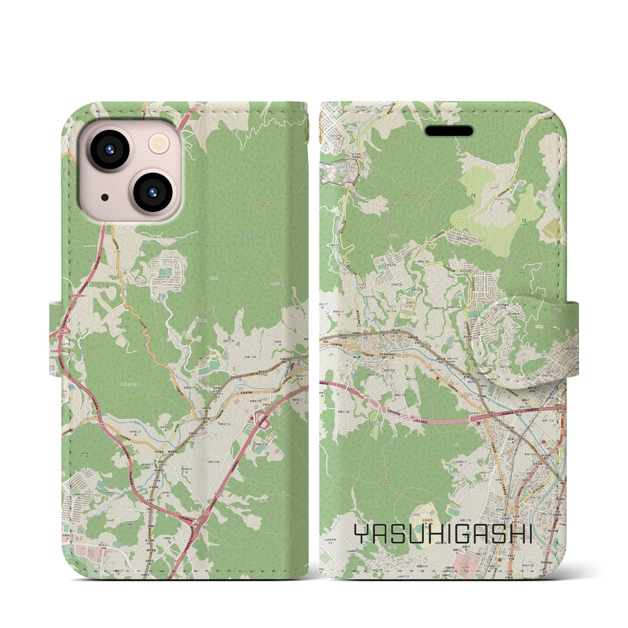 【安東(広島県)】地図柄iPhoneケース(手帳タイプ)ナチュラル・iPhone 13 mini 用